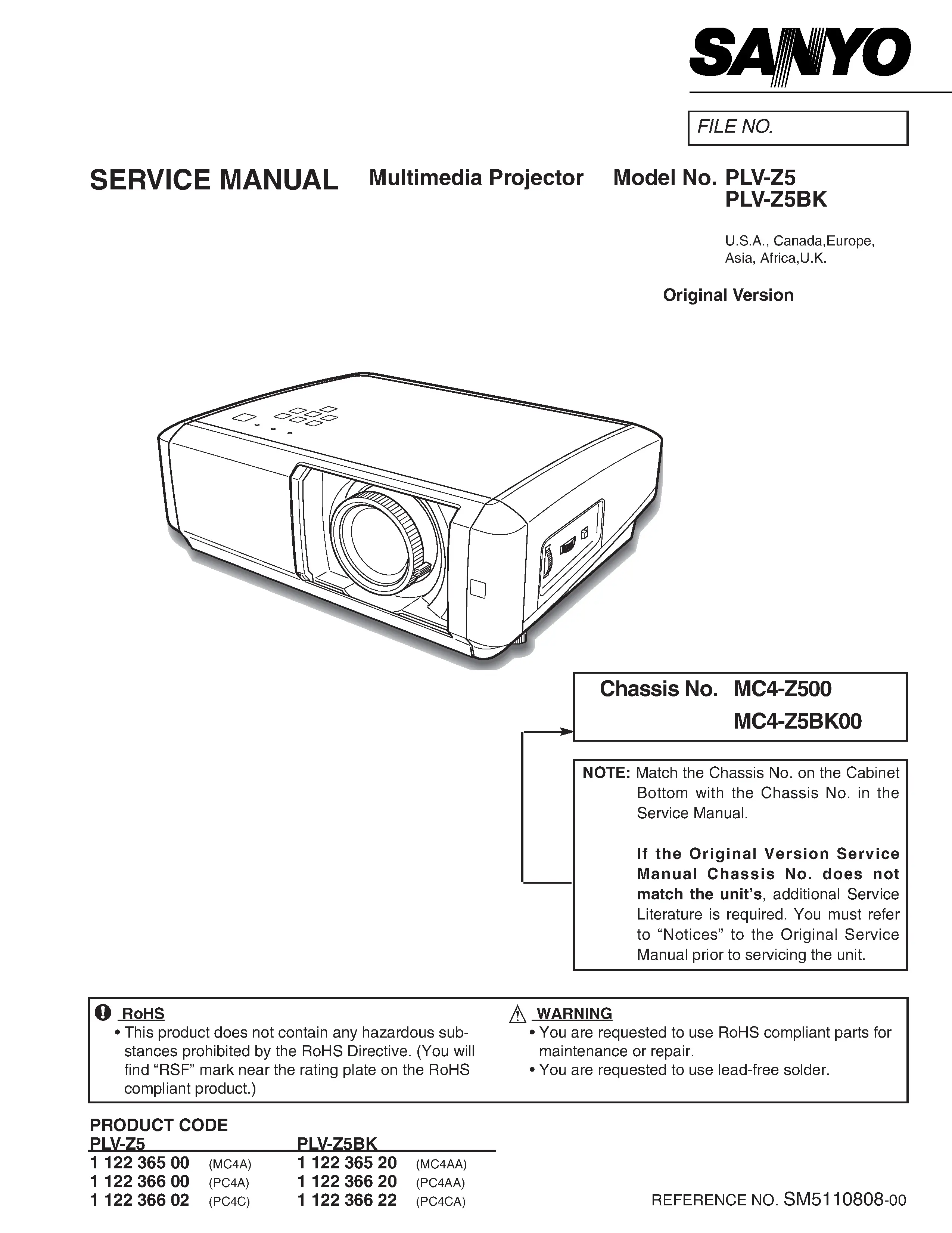 Sanyo plv z5 z5bk z60 service manual cover