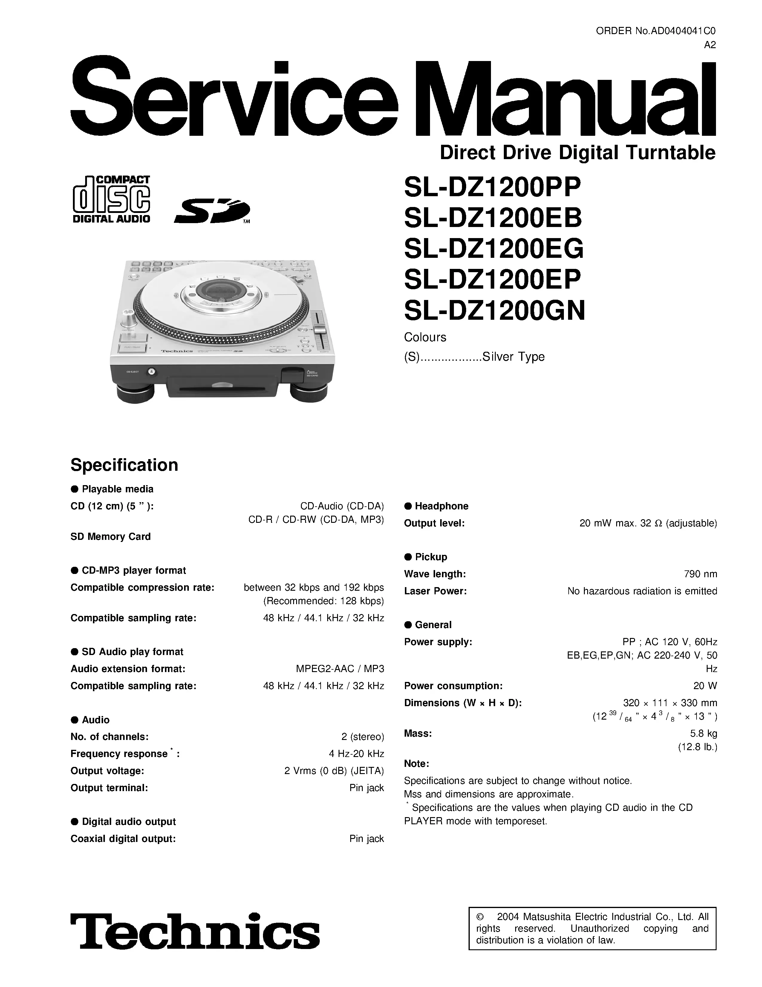 Technics sl dz1200 service manual cover