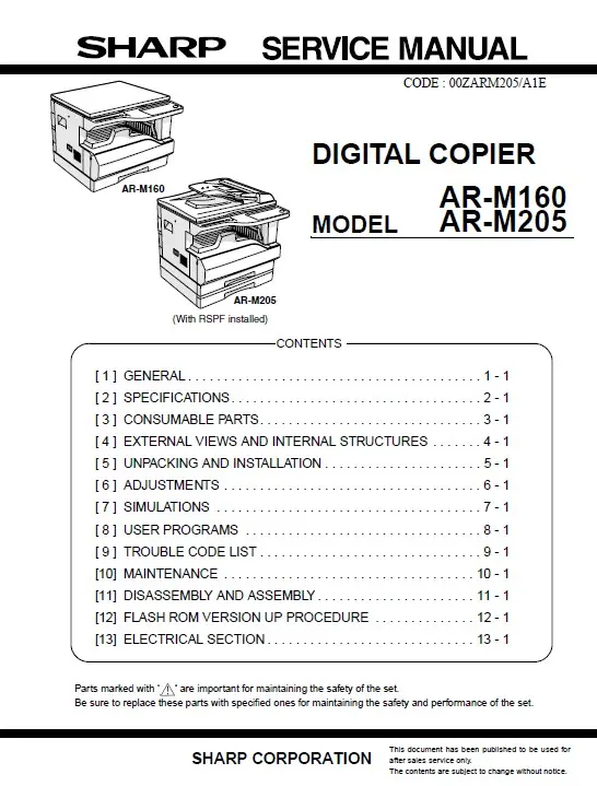 Sharp ar m160 m205 service manual cover