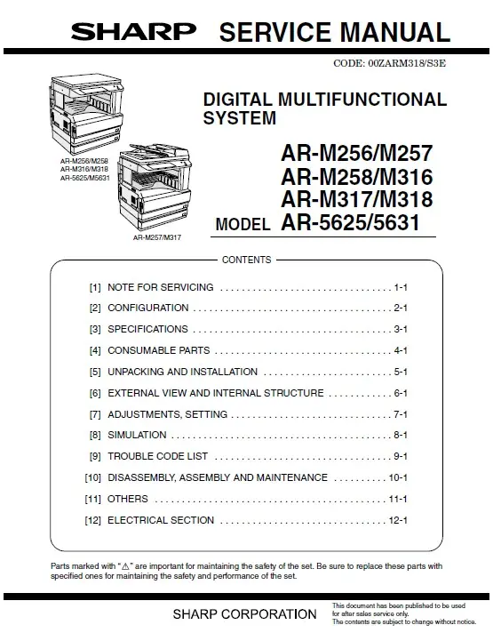 Sharp ar m256 m257 m258 service manual cover