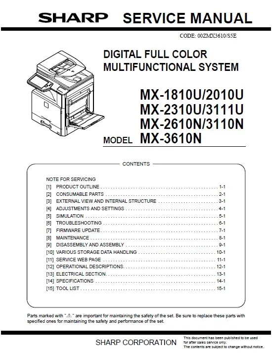 Sharp mx 1810u 2010u 2310u 3111u 2610n 3110n 3610n service manual cover
