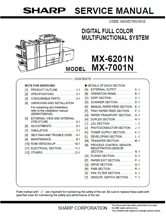 Sharp mx 6201n 7001n service manual cover