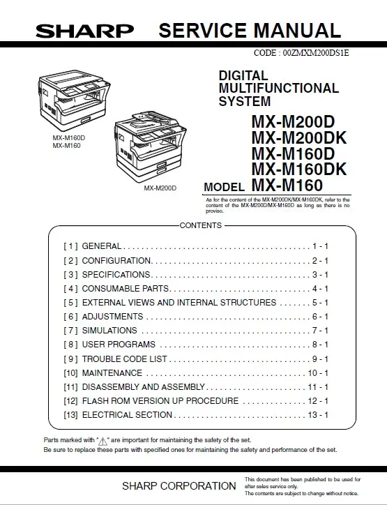 Sharp mx m160 m200 service manual cover