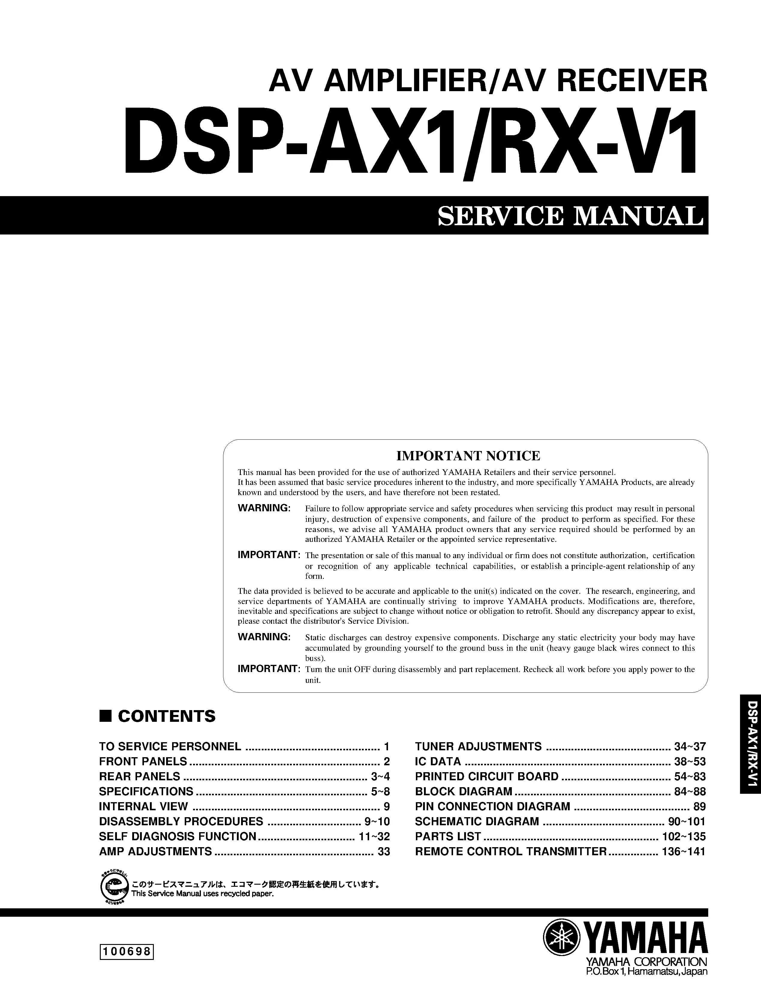 Yamaha dsp ax1 rx v1 service manual cover
