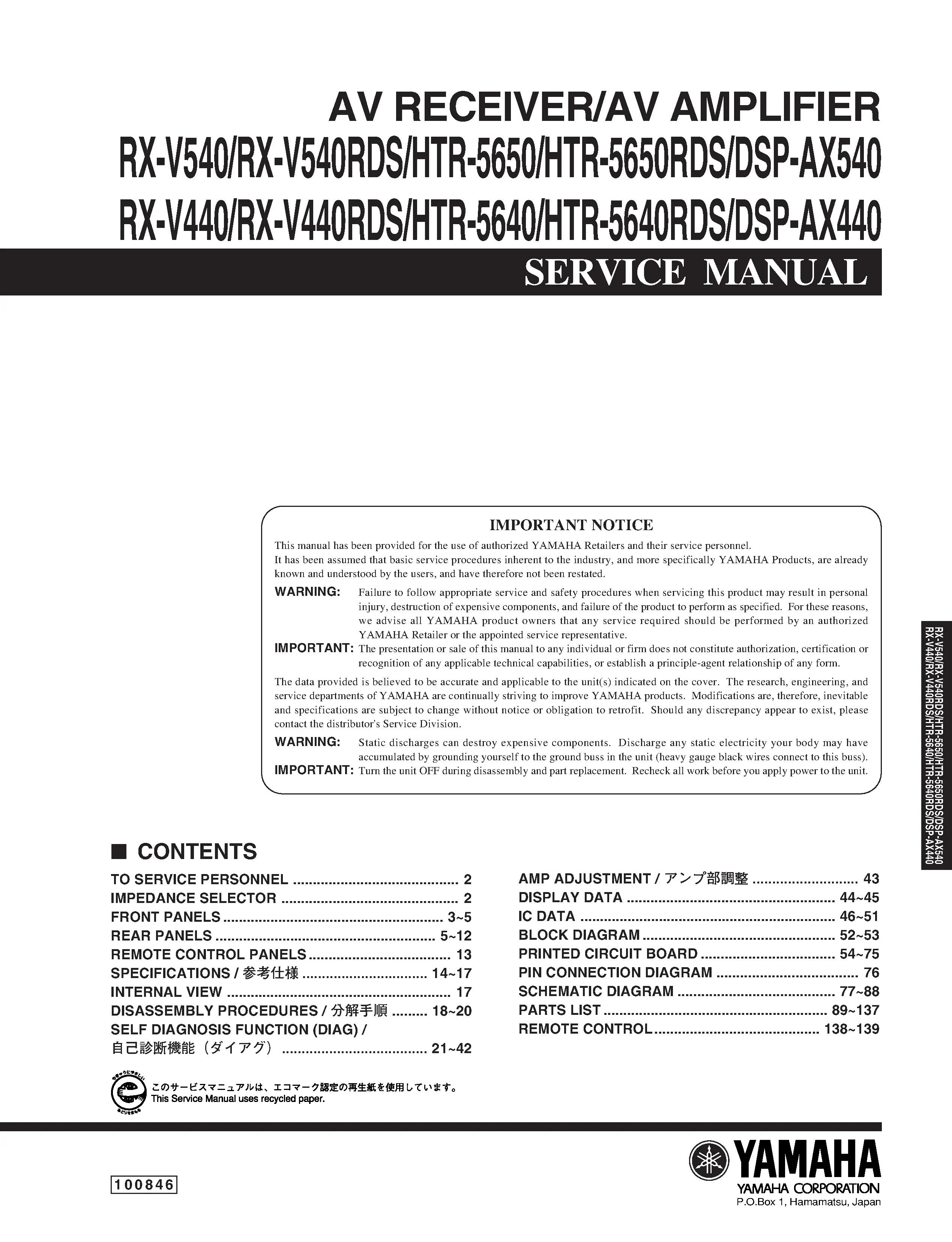 Yamaha htr 5650 5650rds 5640 5640rds service manual cover