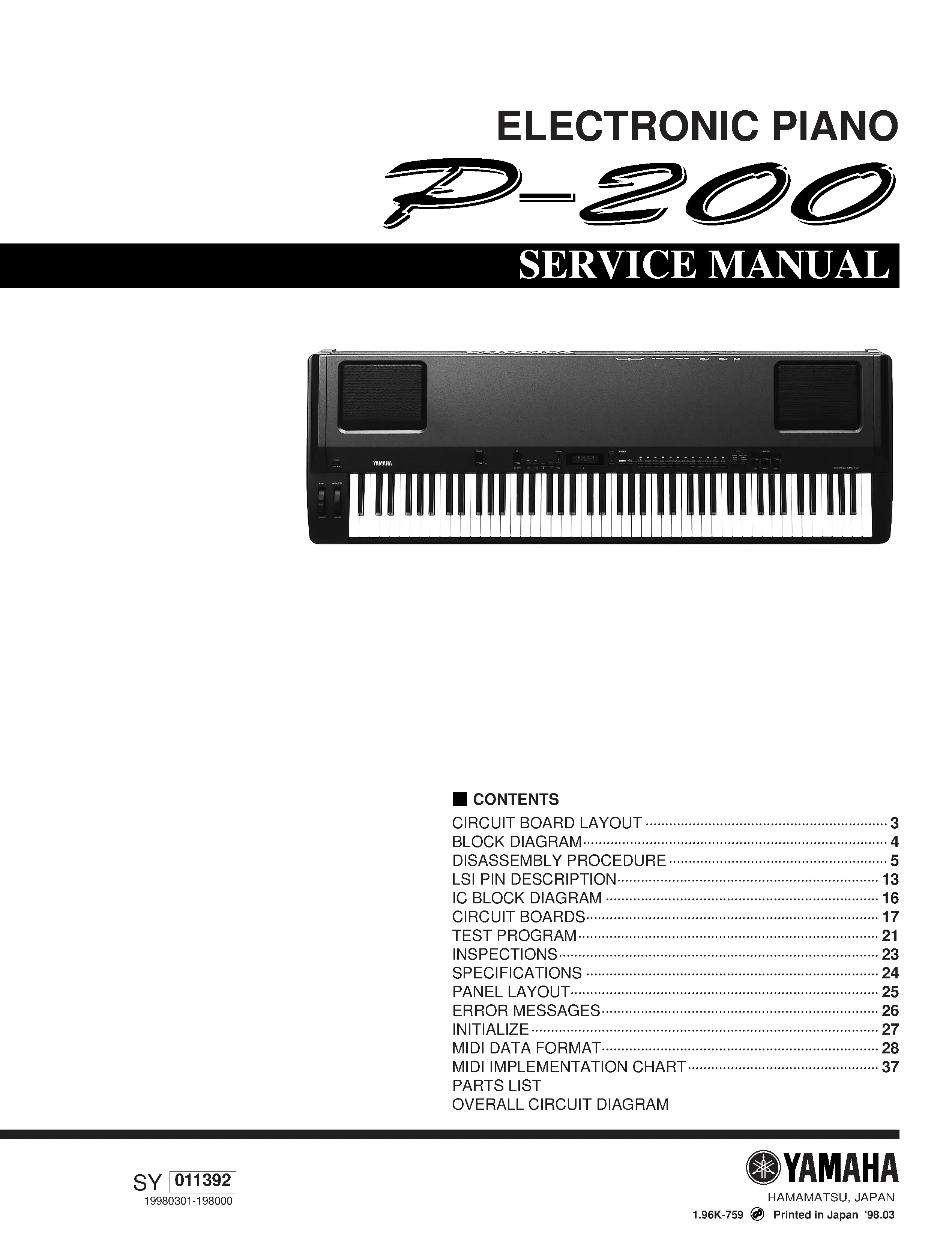 Yamaha p 200 p200 service manual cover