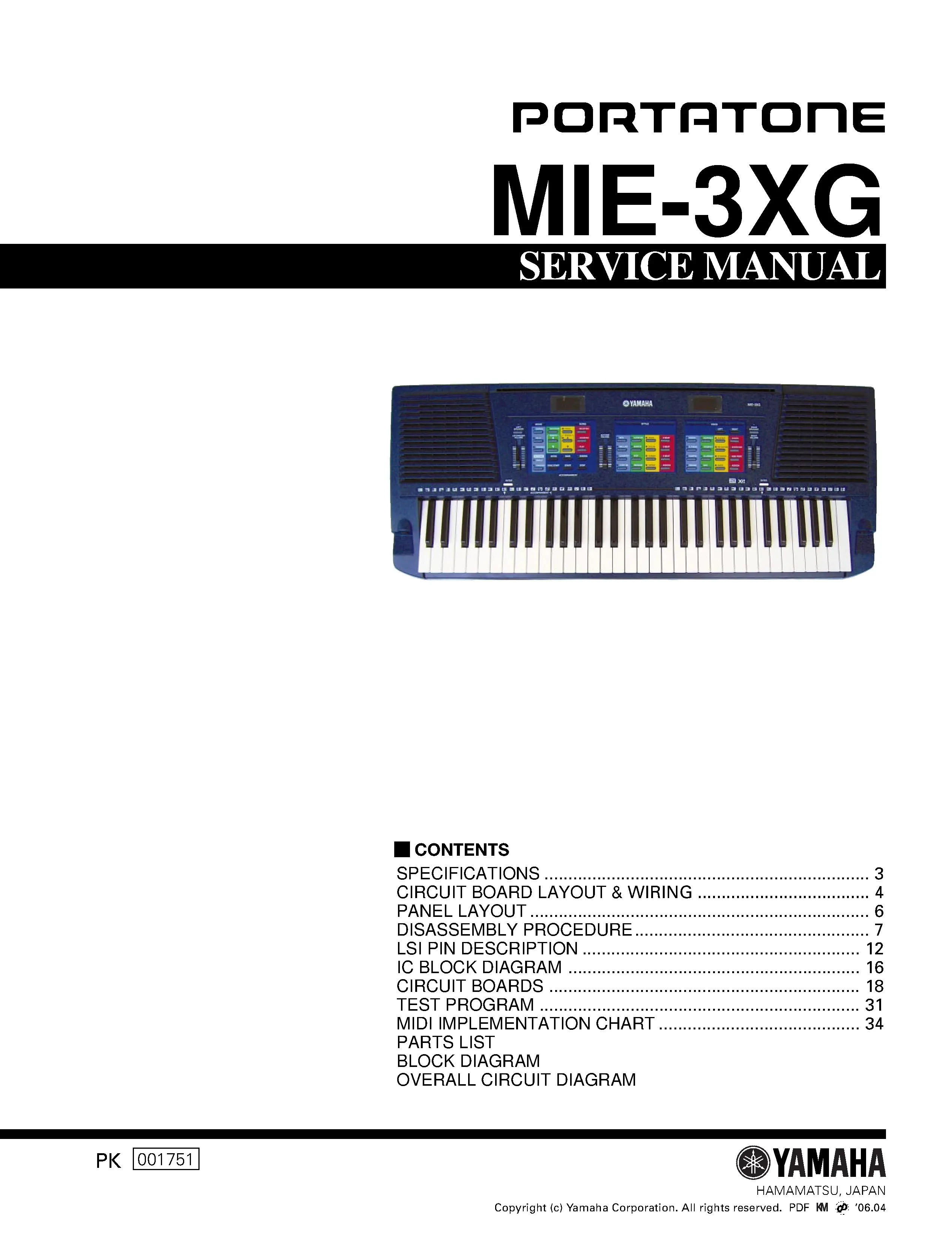 Yamaha portatone mie 3xg service manual cover