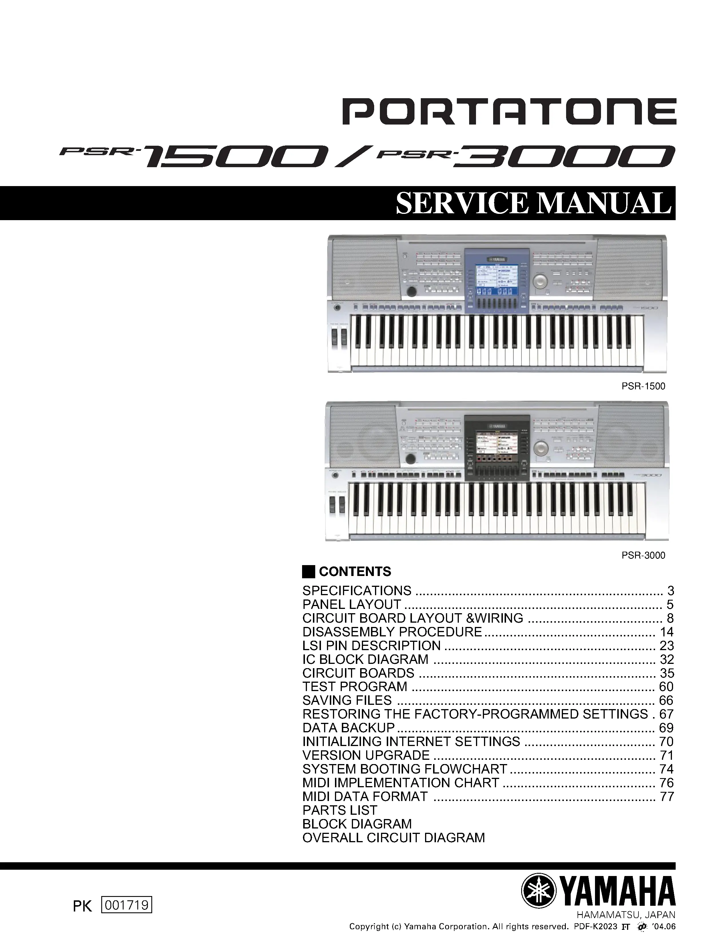 Yamaha portatone psr 1500 3000 service manual cover