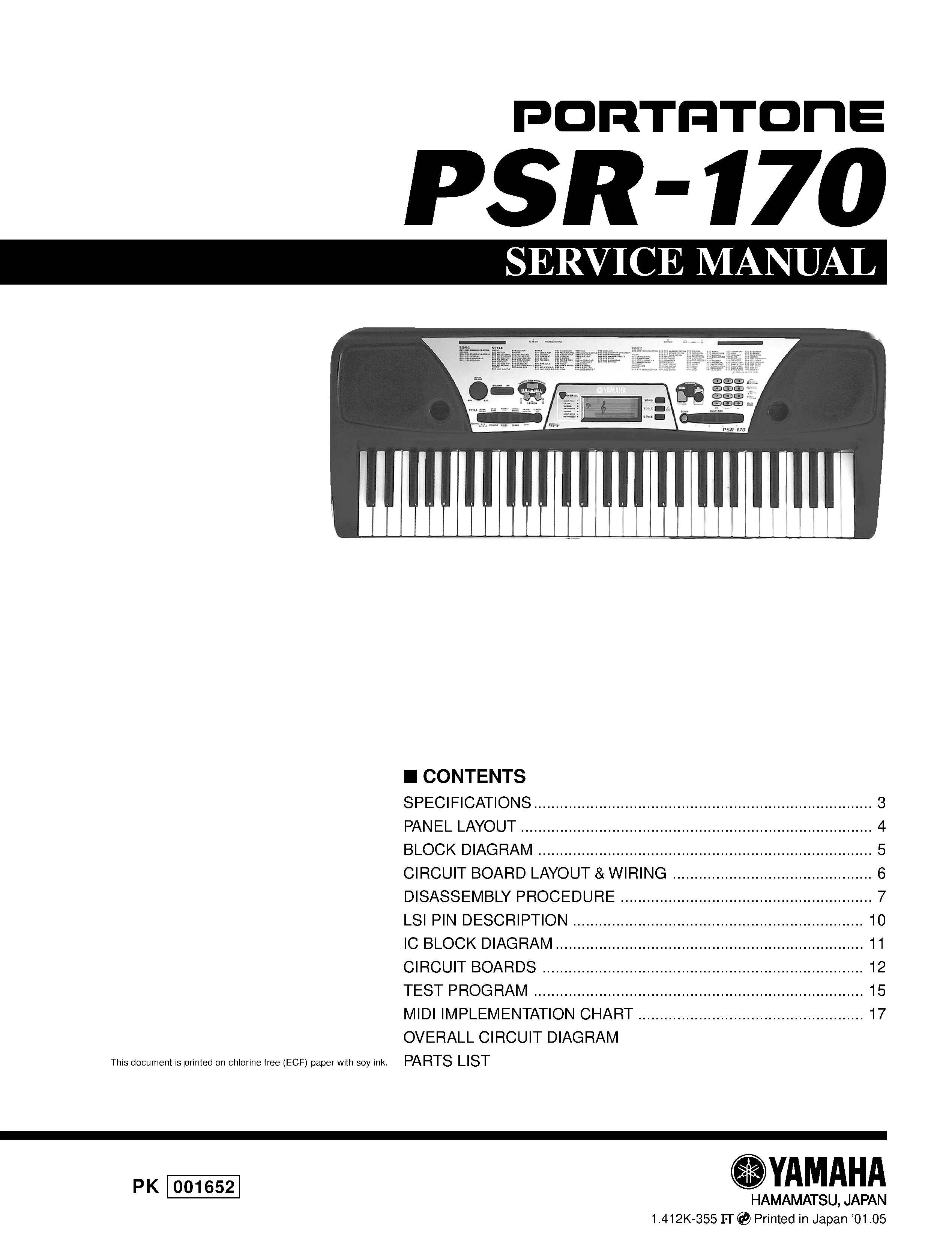Yamaha portatone psr 170 service manual cover
