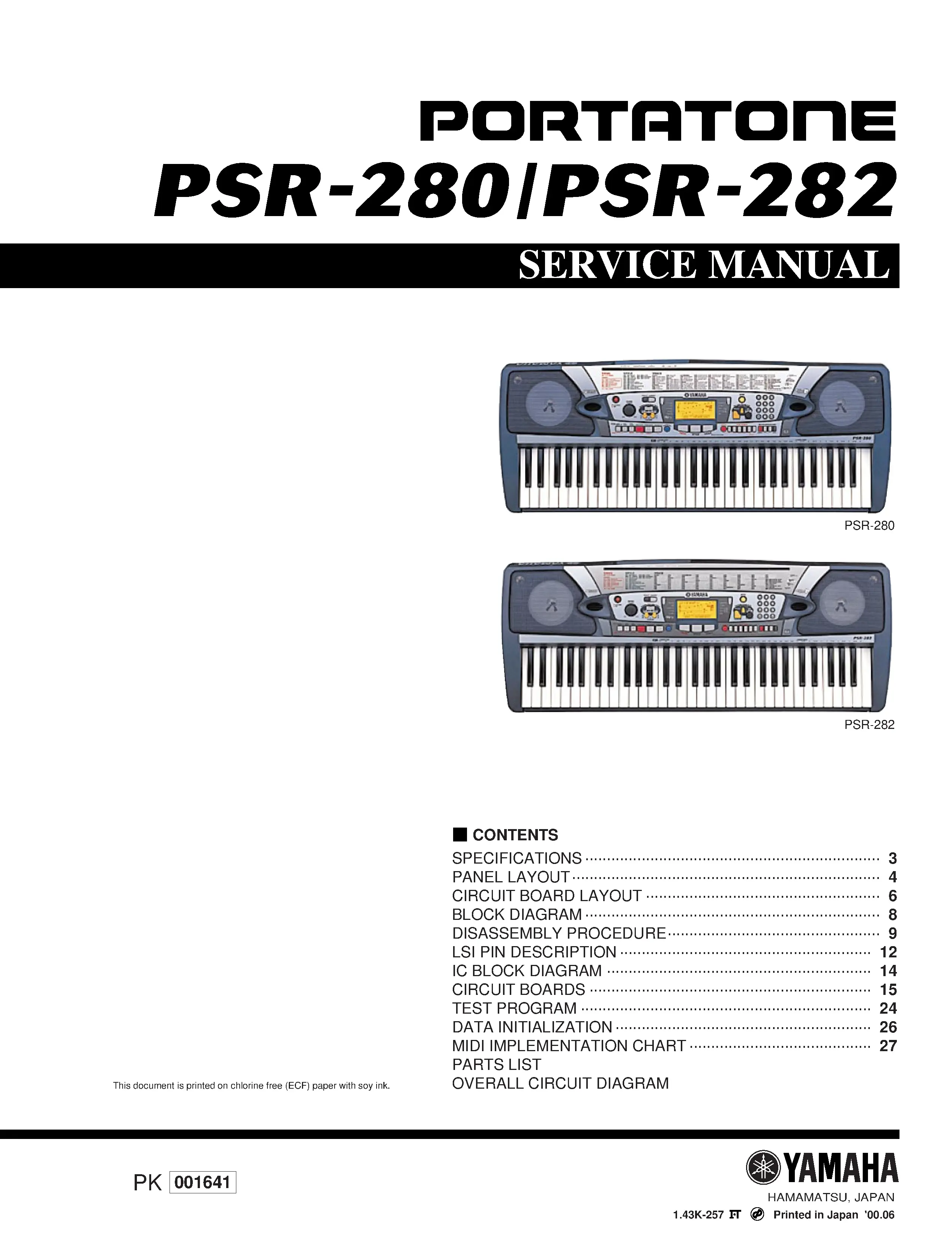 Yamaha portatone psr 280 282 service manual cover