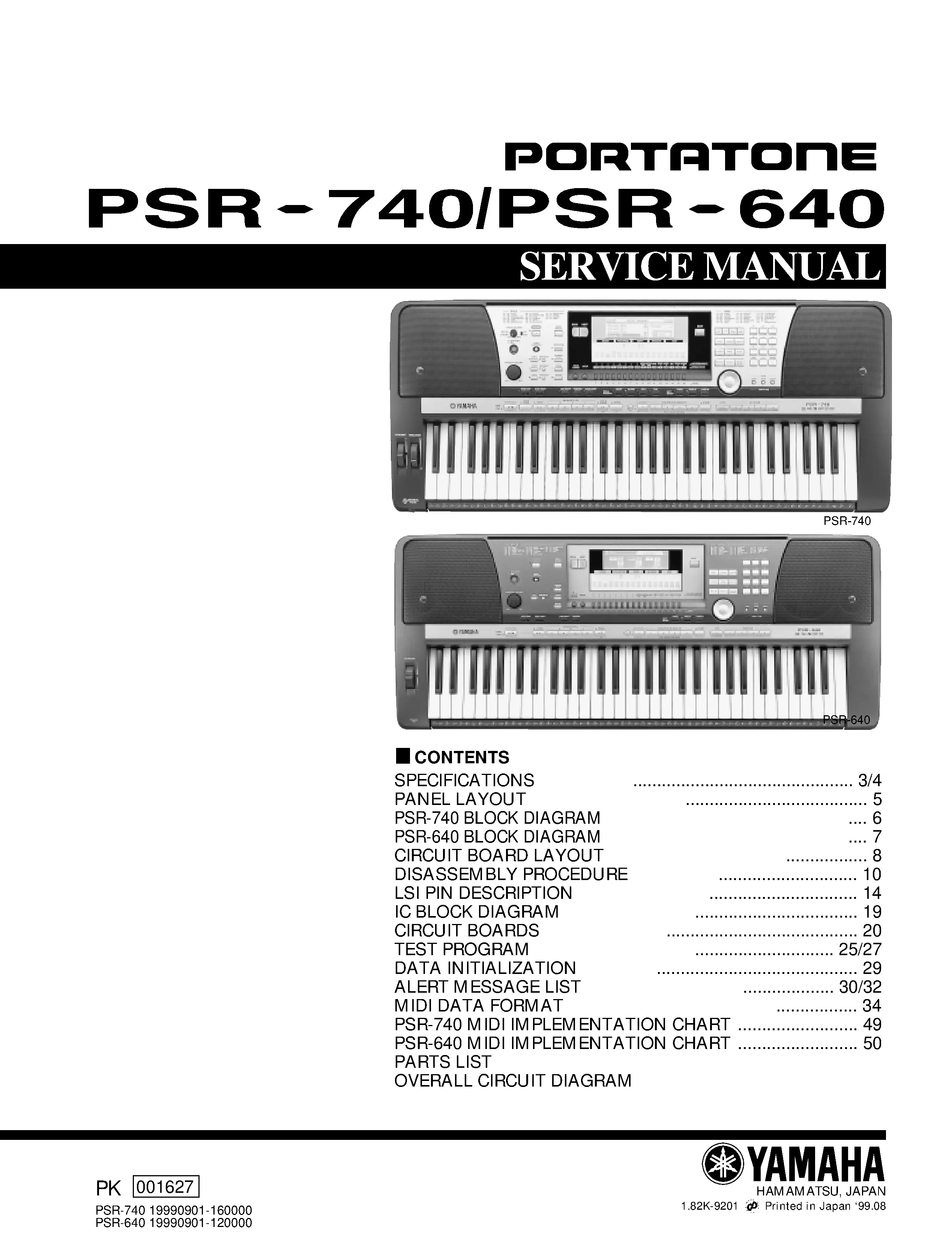 Yamaha portatone psr 640 740 service manual cover