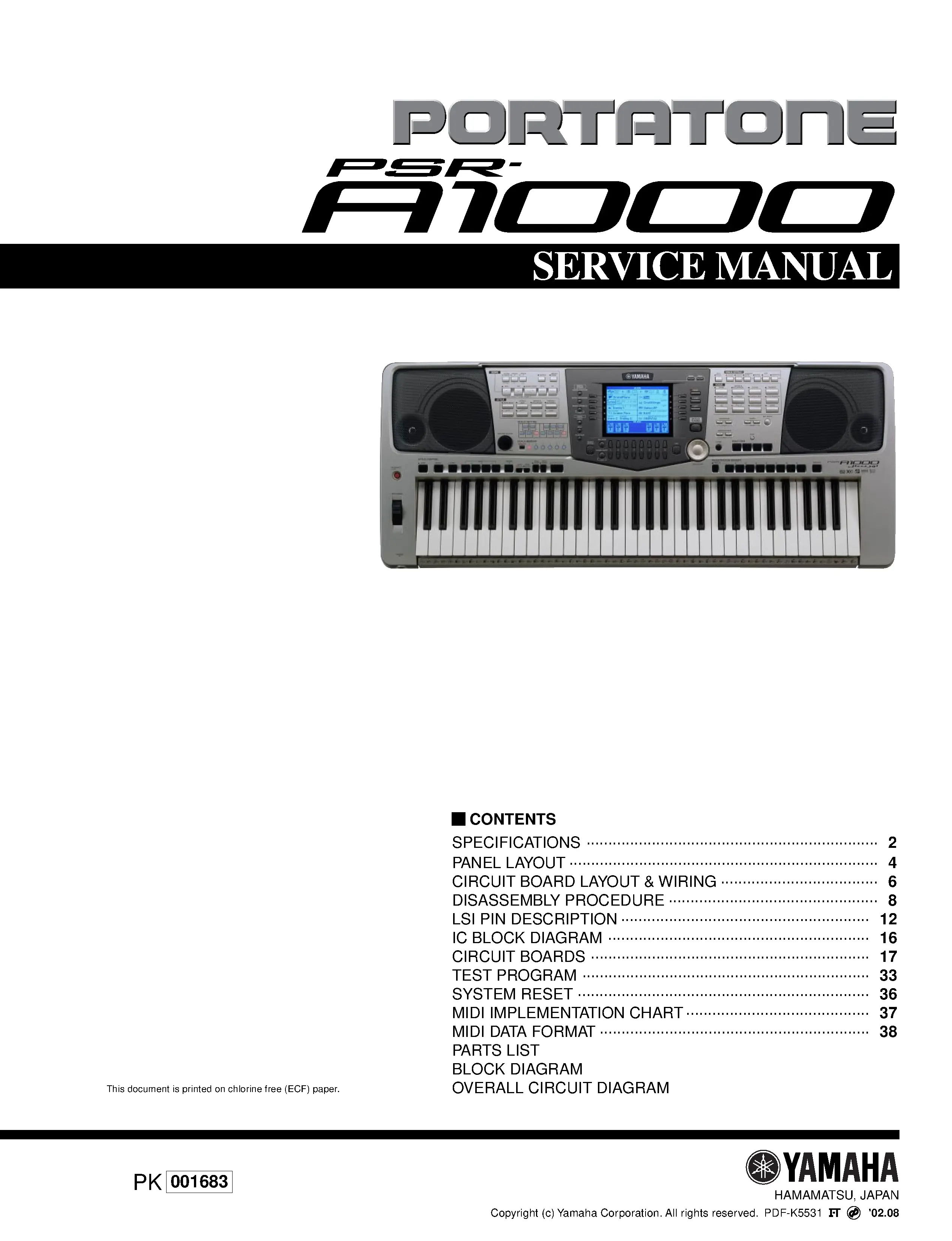 Yamaha portatone psr a1000 service manual cover
