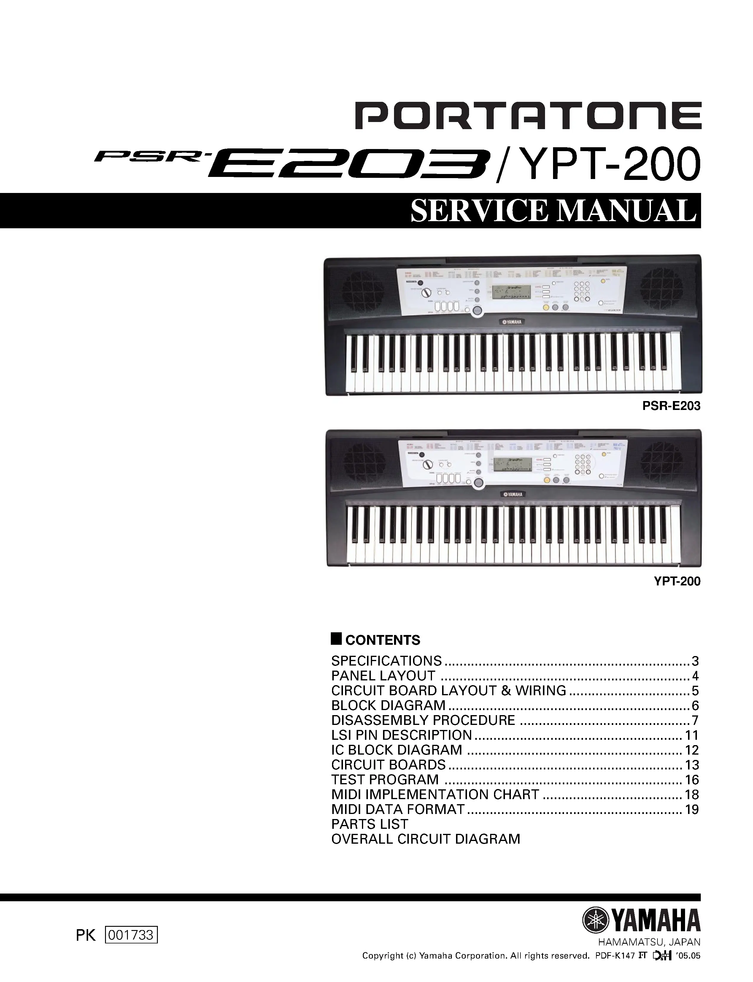 Yamaha portatone psr e203 ypt 200 service manual cover
