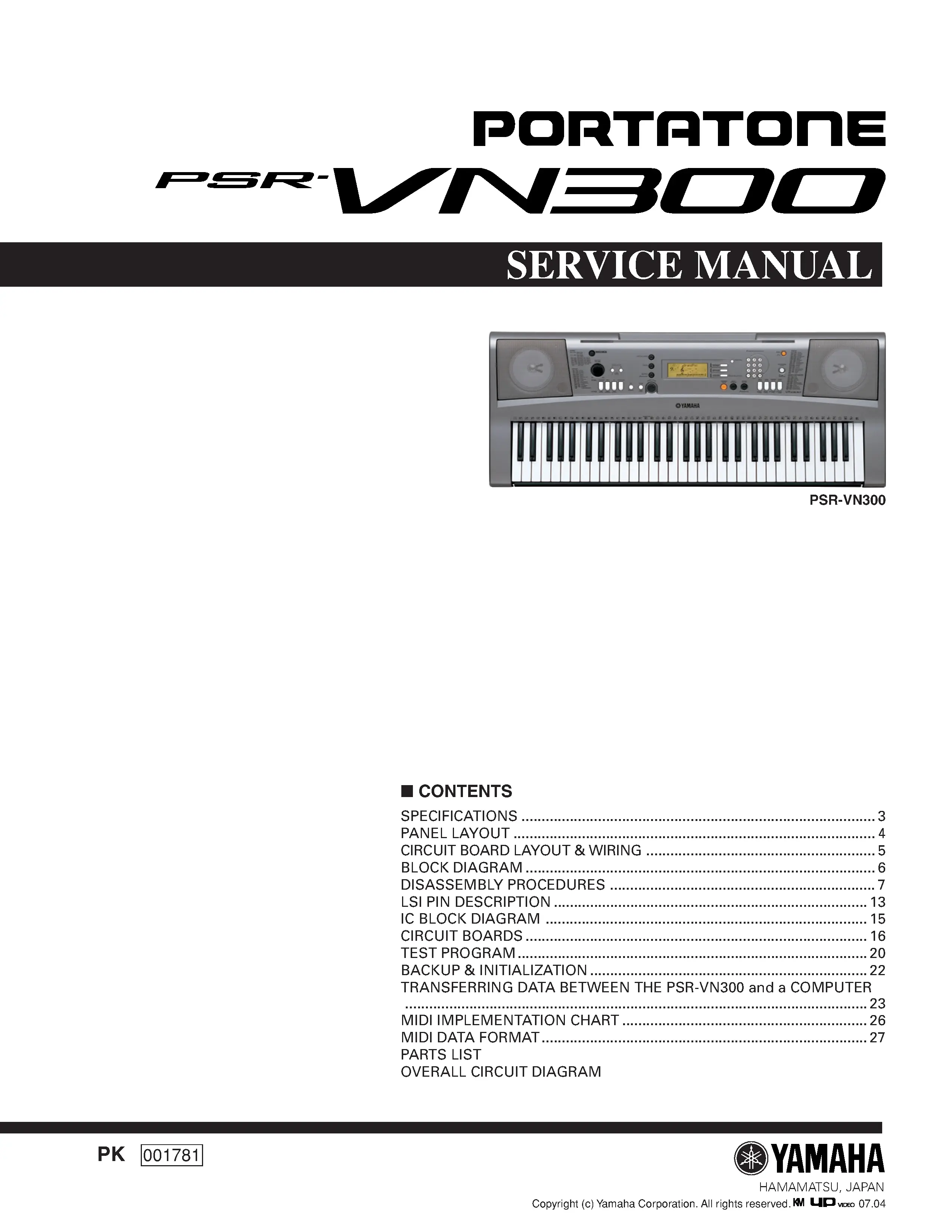 Yamaha portatone psr vn300 service manual cover