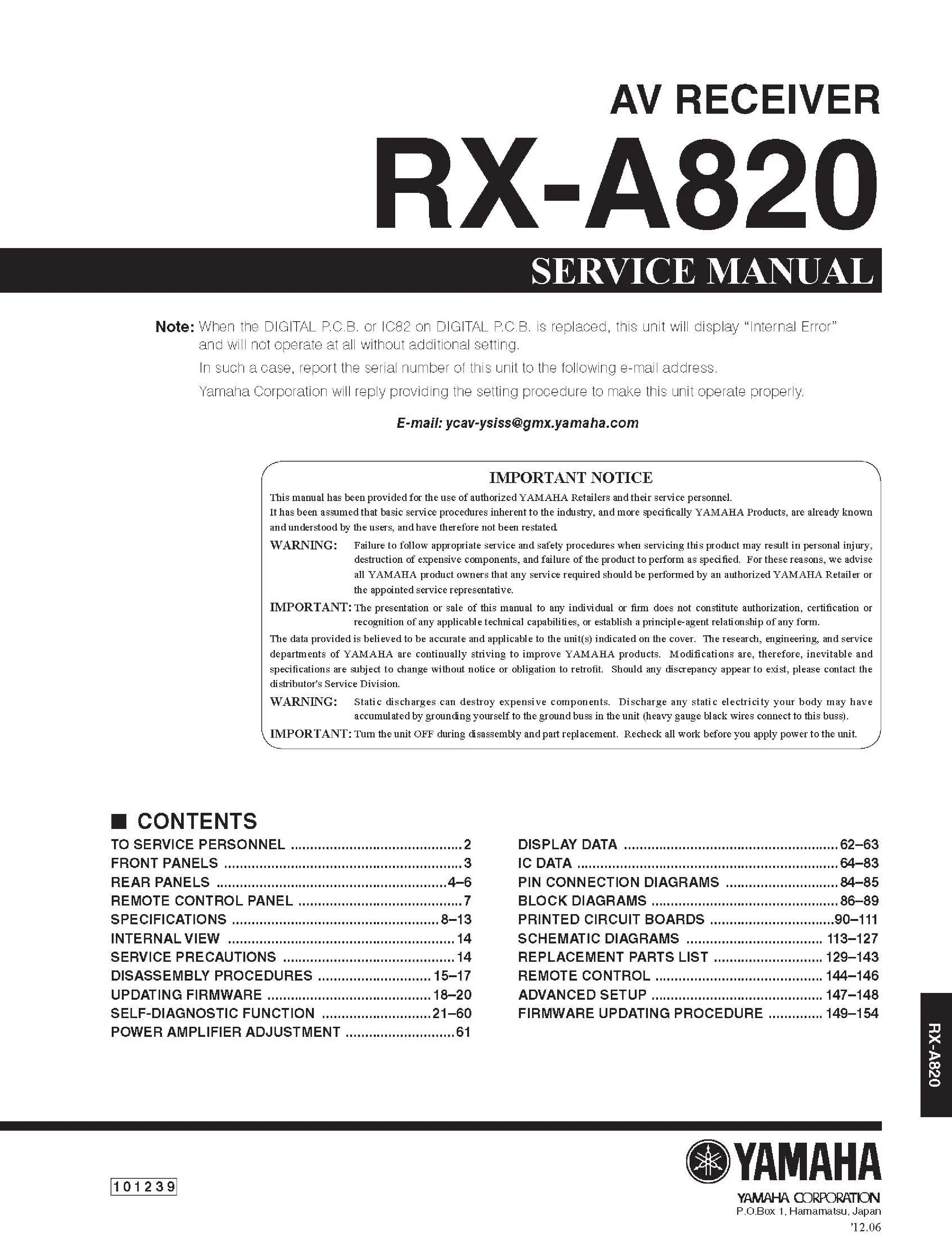 Yamaha rx a820 service manual cover