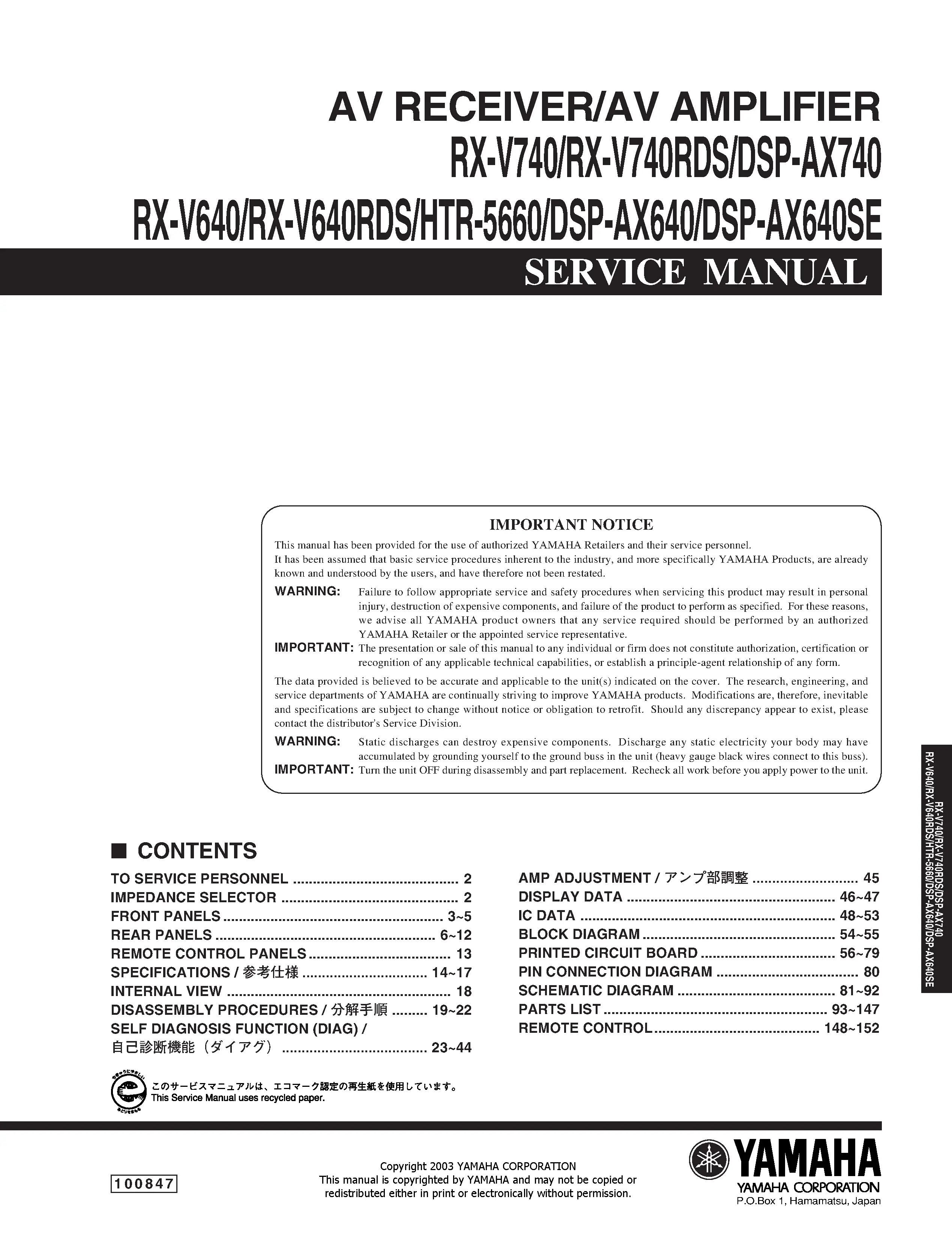 Yamaha rx v740 v740rds v640 v640rds service manual cover