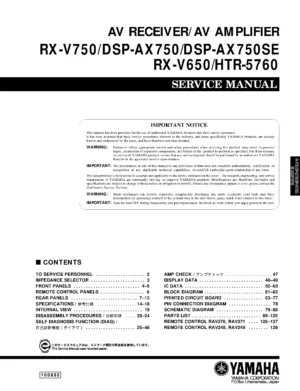 Yamaha rx v750 dsp ax750 ax750se rx v650 htr 5760 service manual cover