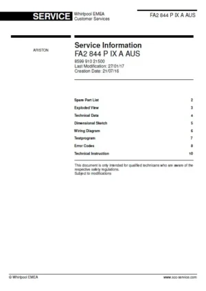 Ariston fa2 844 p ix a aus service manual cover