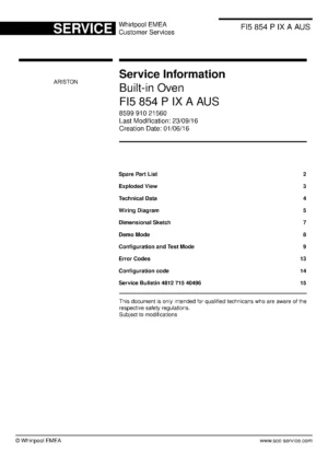 Ariston fi5 854 p ix a aus service manual cover