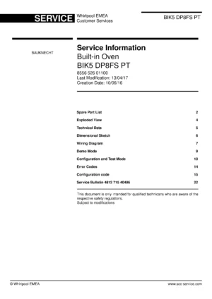 Bauknecht bik5 dp8fs pt service manual cover