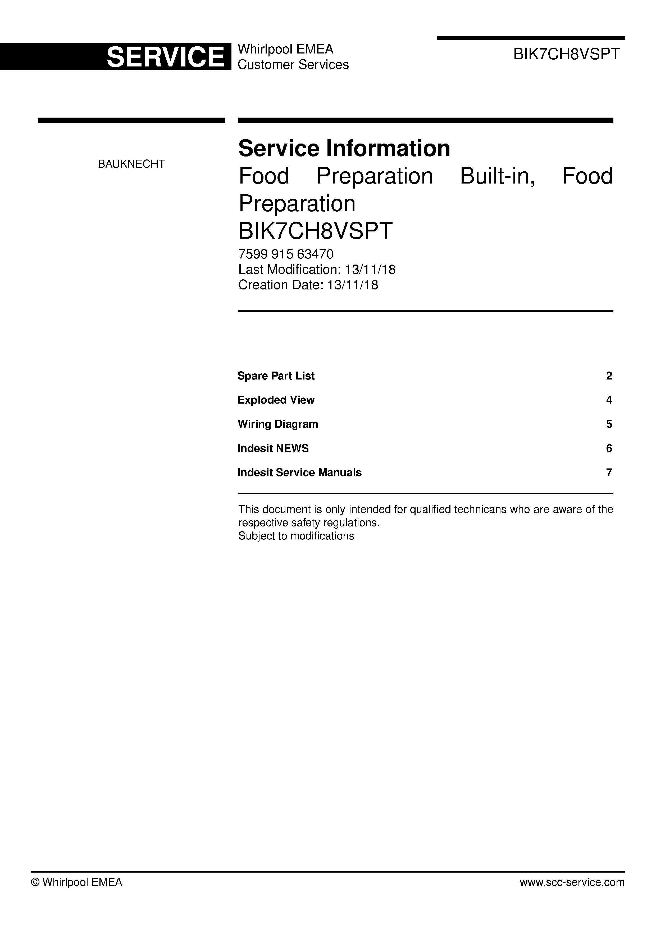 Bauknecht bik7ch8vspt service manual cover