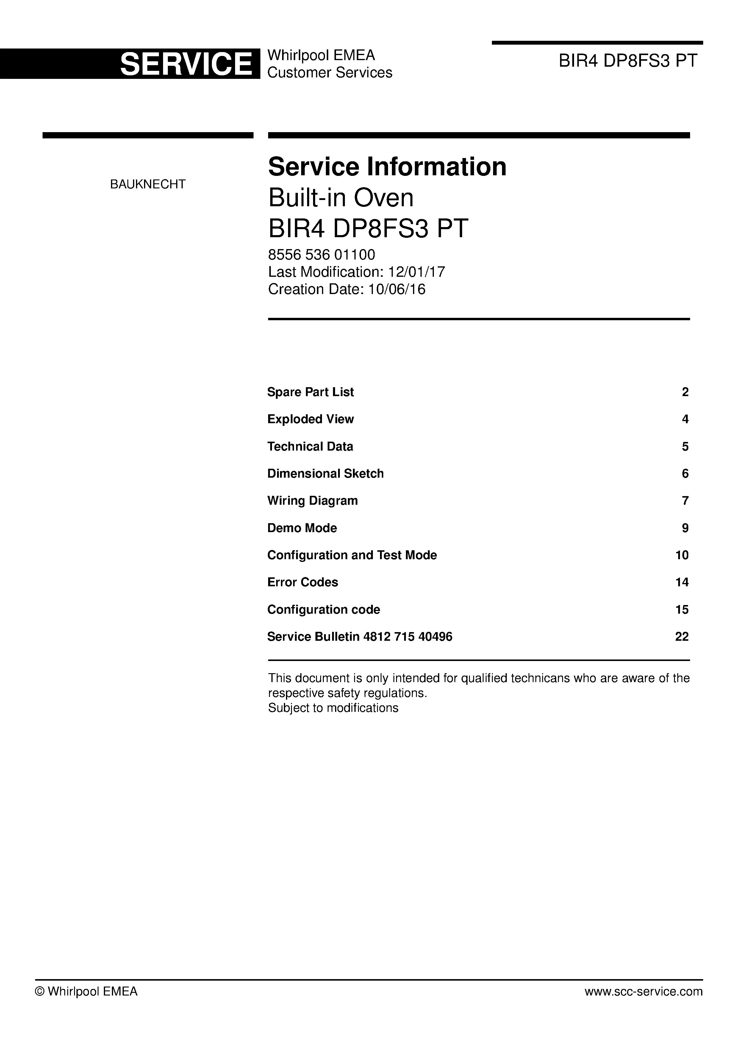 Bauknecht bir4 dp8fs3 pt service manual cover