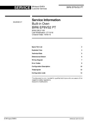 Bauknecht bir6 ep8vs2 pt service manual cover