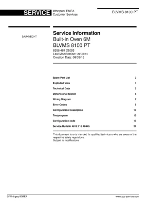 Bauknecht blvms 8100 pt service manual cover