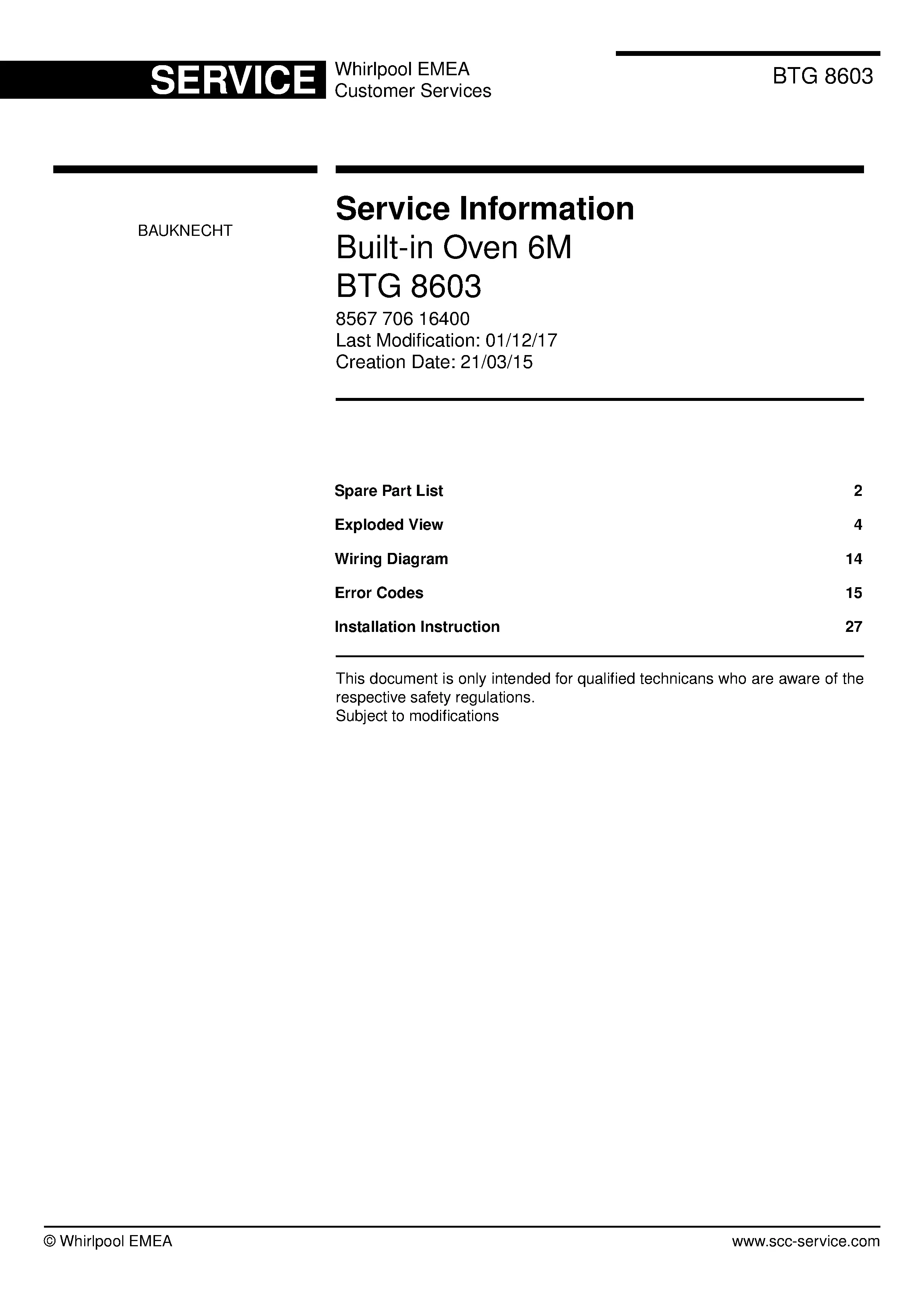 Bauknecht btg 8603 service manual cover
