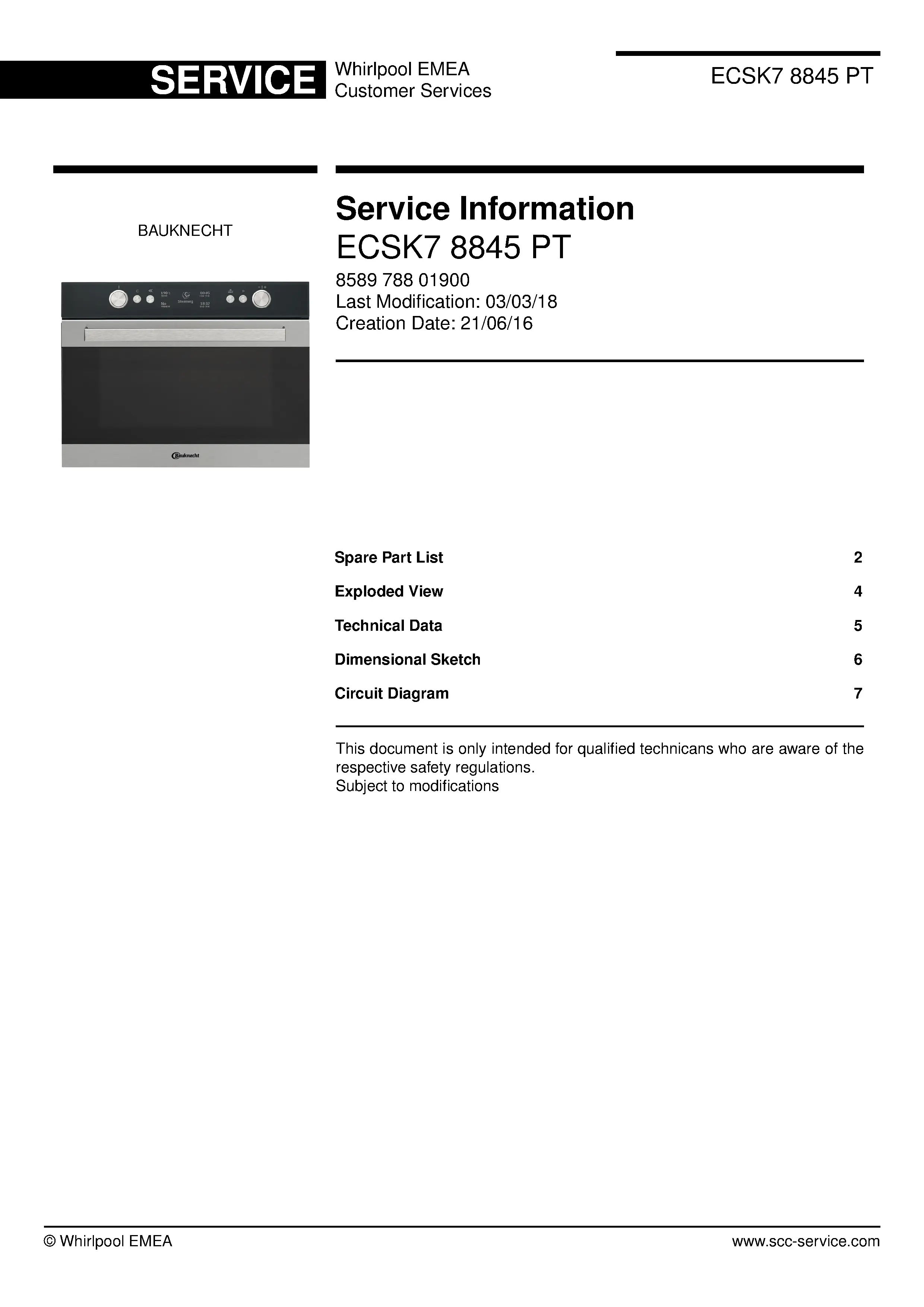 Bauknecht ecsk7 8845 pt service manual cover
