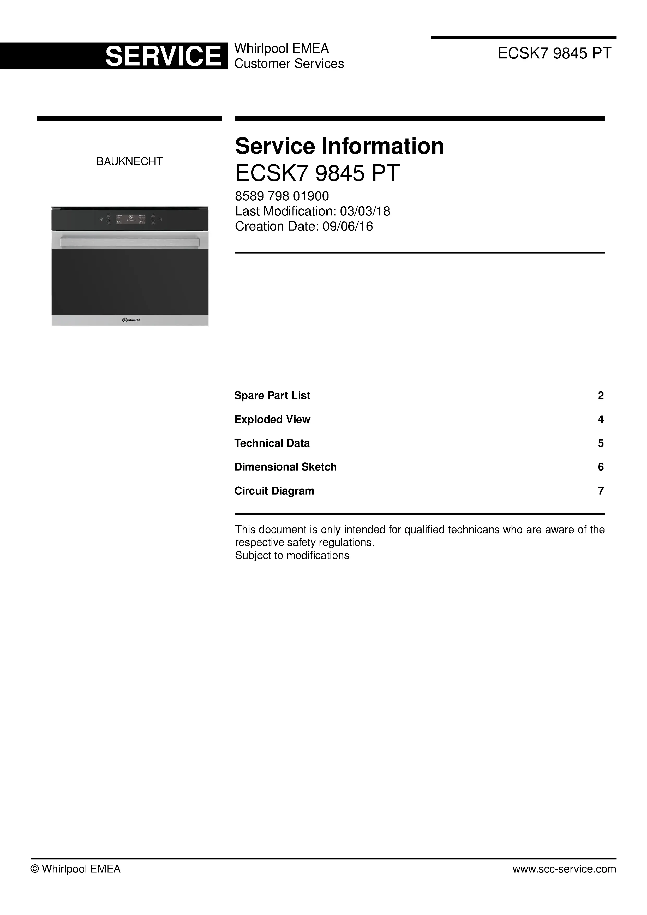 Bauknecht ecsk7 9845 pt service manual cover