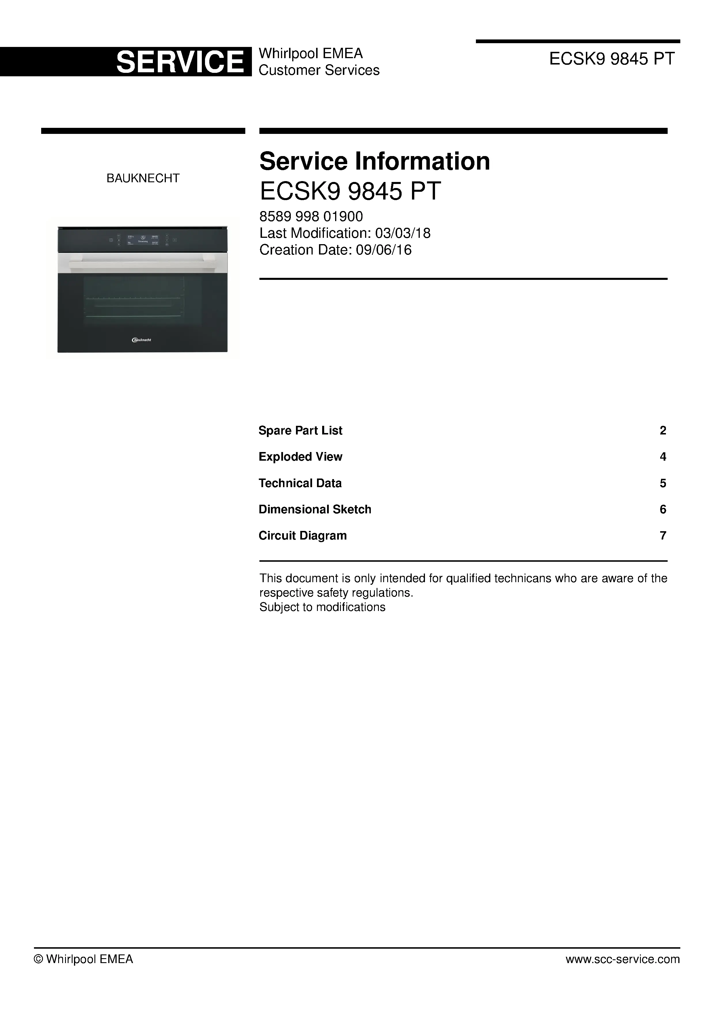 Bauknecht ecsk9 9845 pt service manual cover