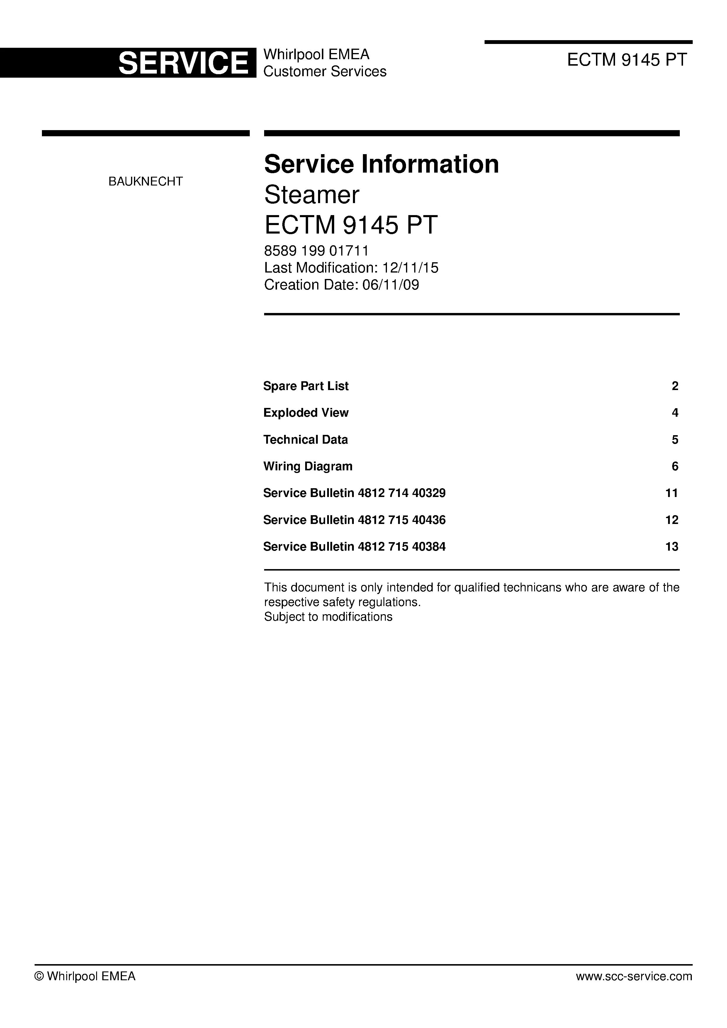 Bauknecht ectm 9145 pt service manual cover