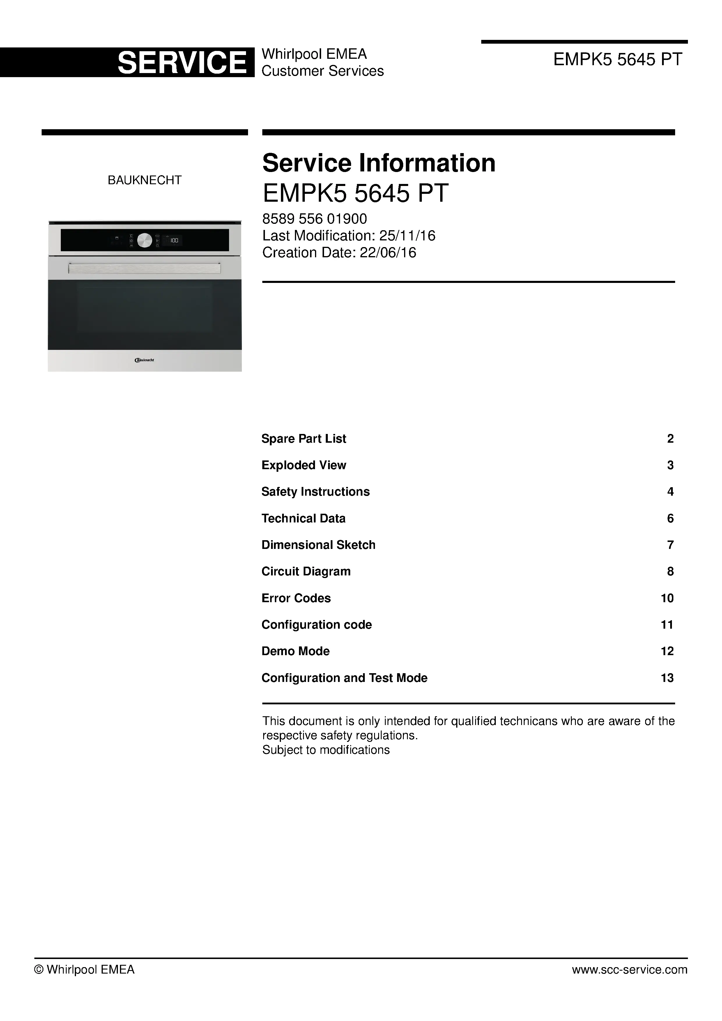Bauknecht empk5 5645 pt service manual cover