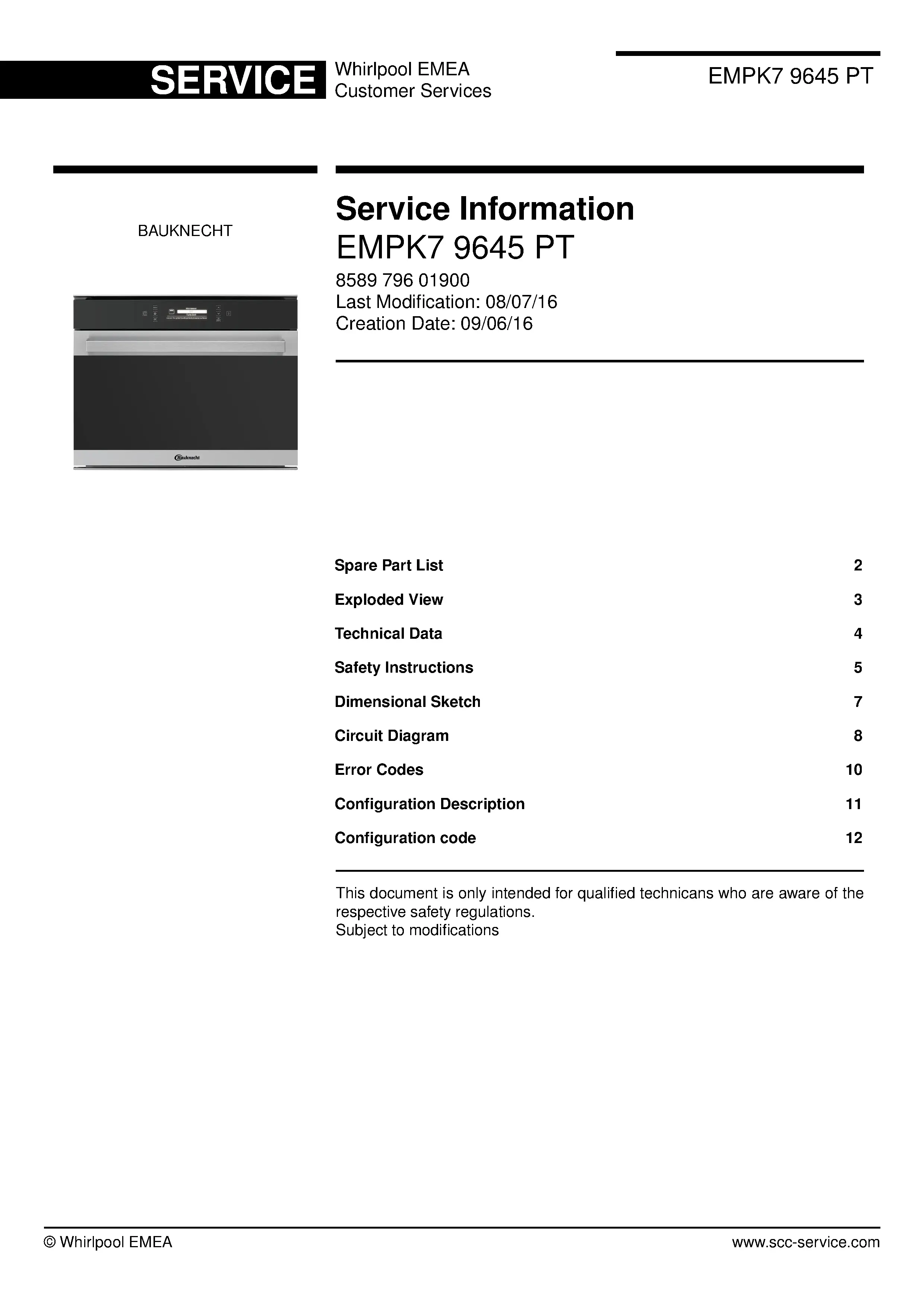 Bauknecht empk7 9645 pt service manual cover