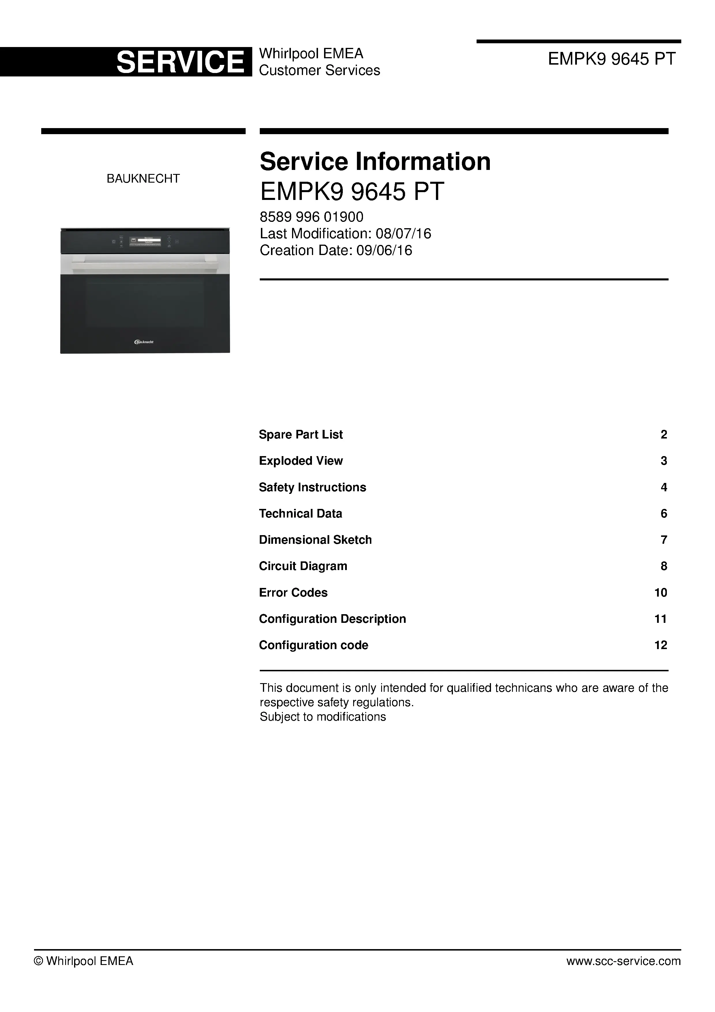 Bauknecht empk9 9645 pt service manual cover