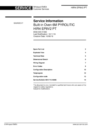 Bauknecht hir4 ep8v2 pt service manual cover