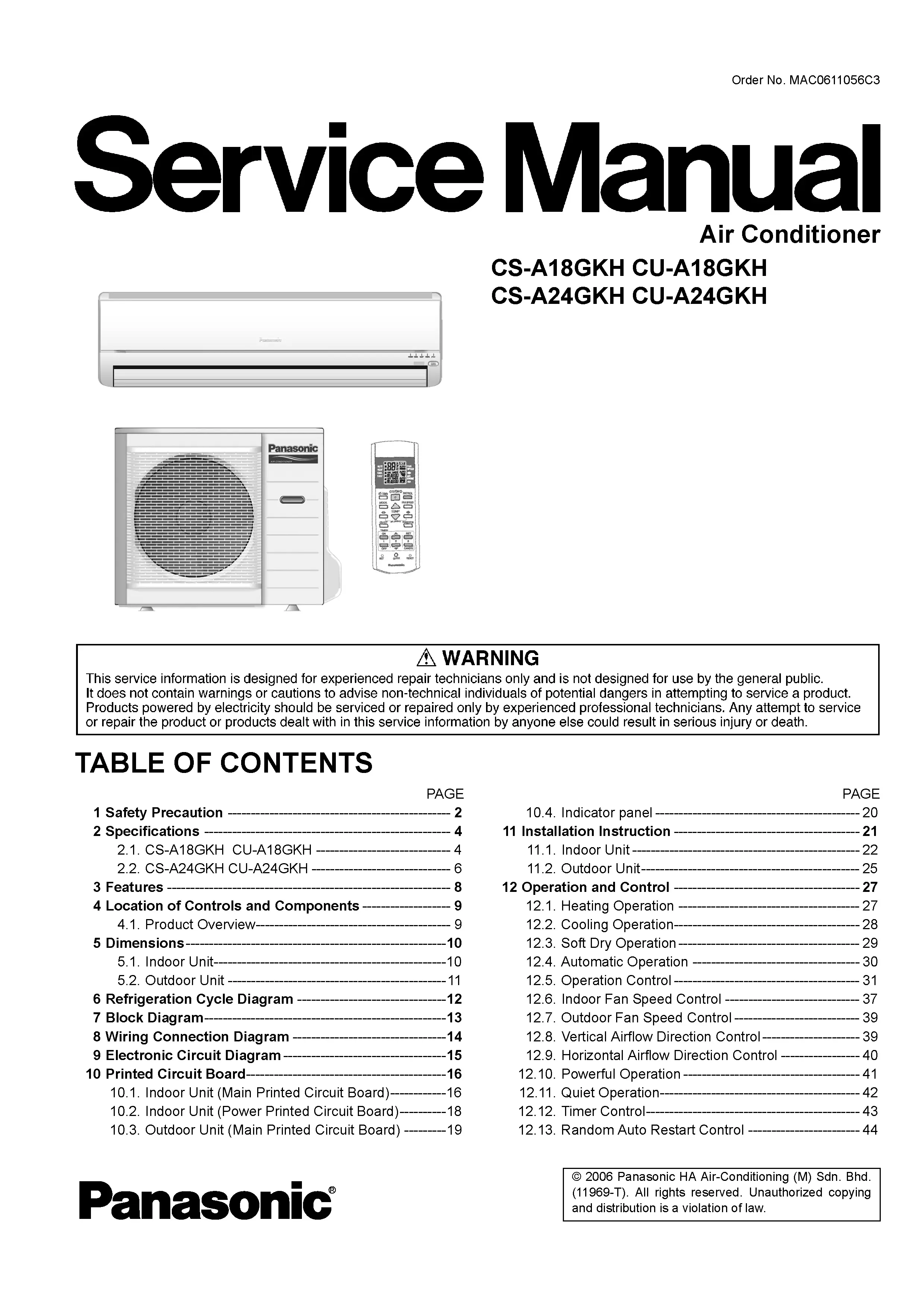 Panasonic cs a18gkh cs a24gkh service manual cover