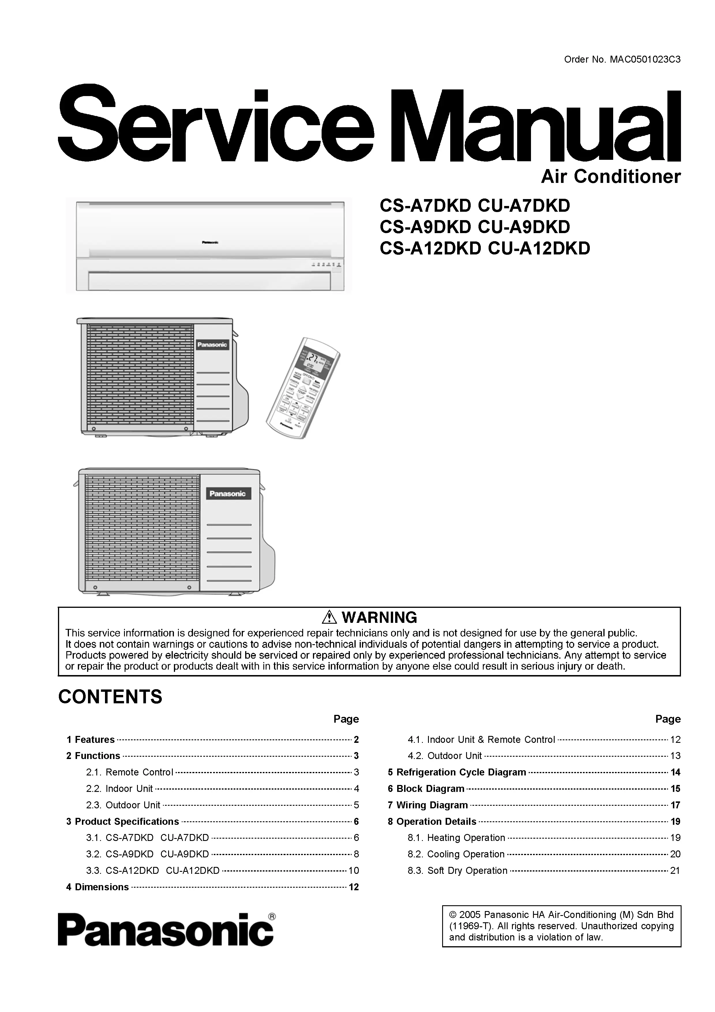 Panasonic cs a7dkd cs a9dkd cs a12dkd service manual cover