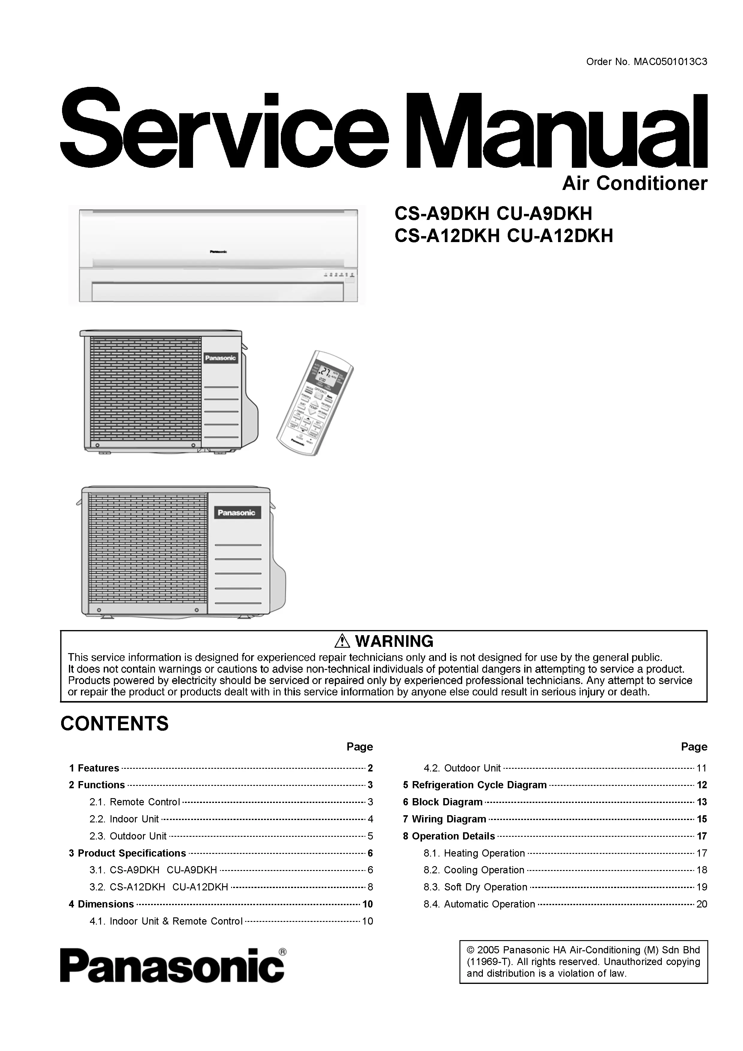 Panasonic cs a9dkh cu a9dkh cs a12dkh cu a12dkh service manual cover
