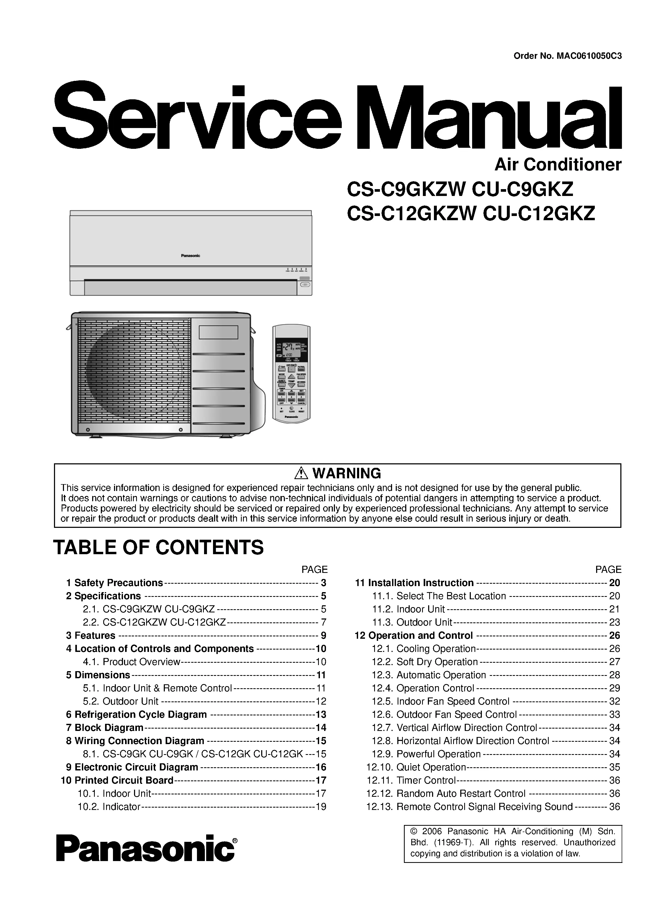 Panasonic cs c9gkzw cs c12gkzw cu c9gkzw cu c12gkzw service manual cover