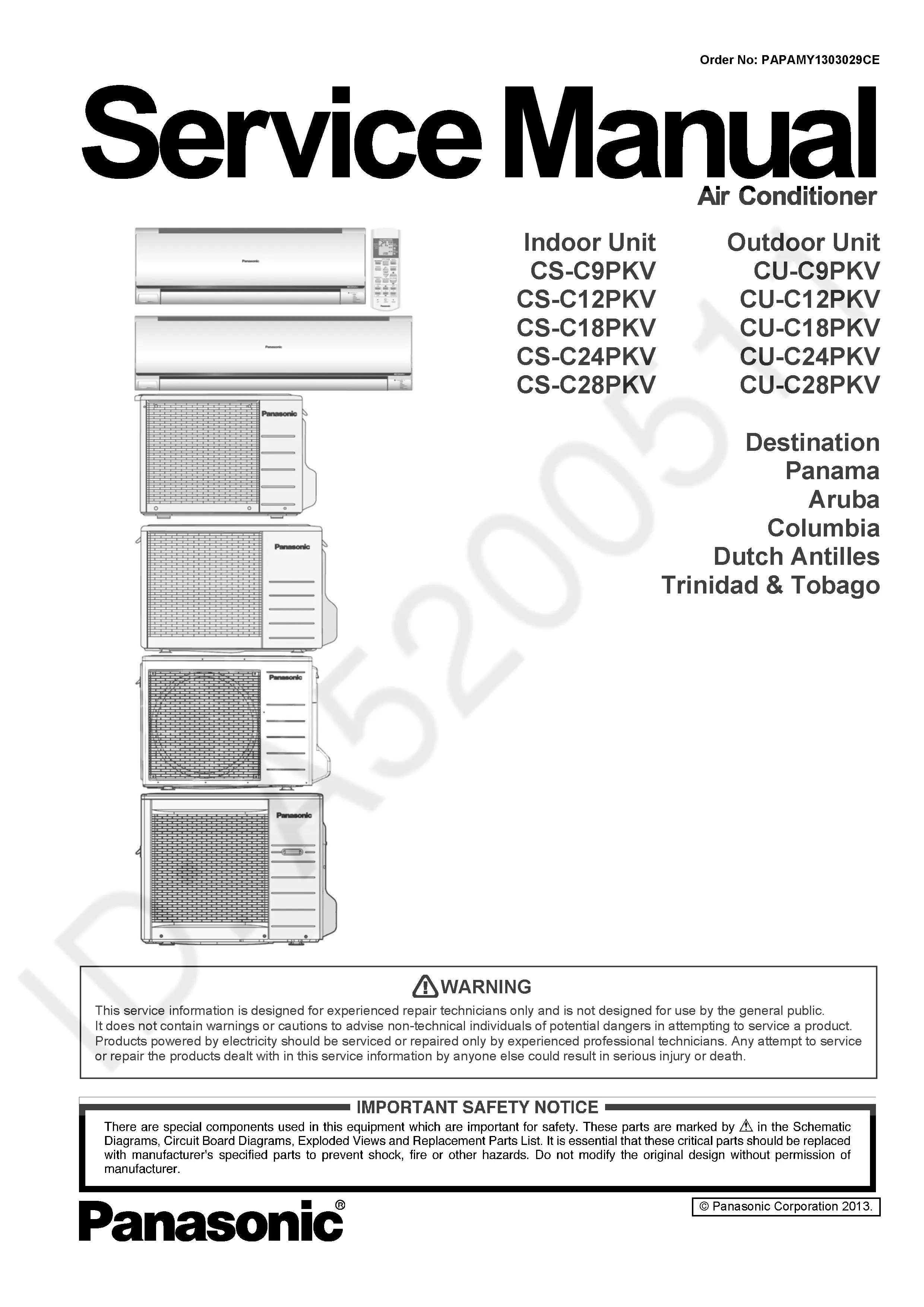 Panasonic cs cu c9pkv c12pkv c18pkv c24pkv c28pkv service manual cover