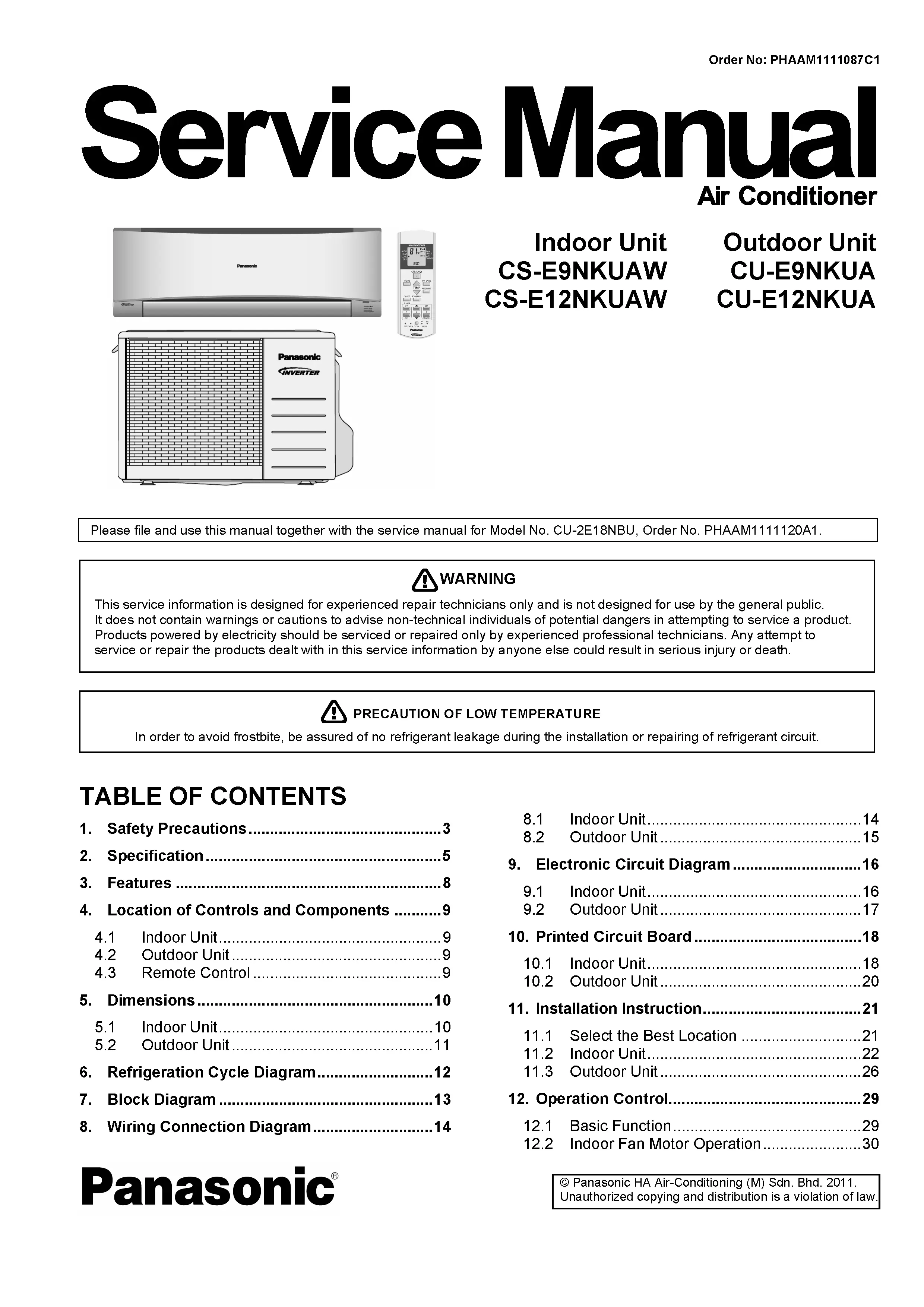 Panasonic cs e12nkuaw cu e12nkua service manual cover