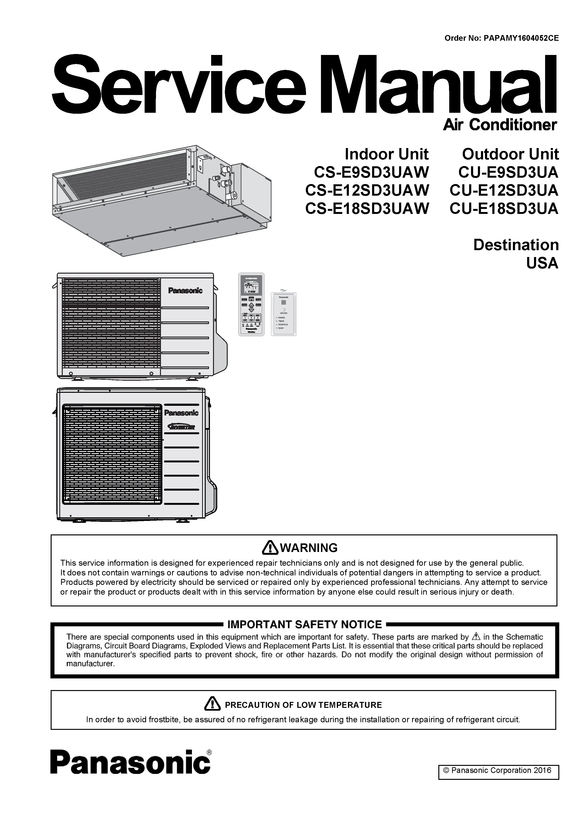 Panasonic cs e12sd3uaw cu e12sd3ua service manual cover