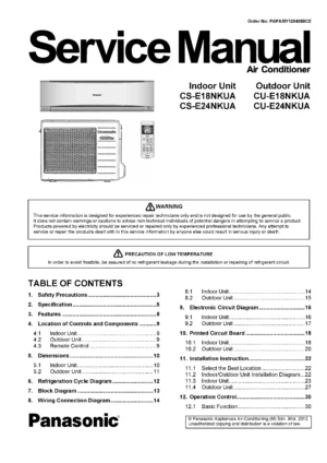 Panasonic cs e24nkua cu e24nkua service manual cover