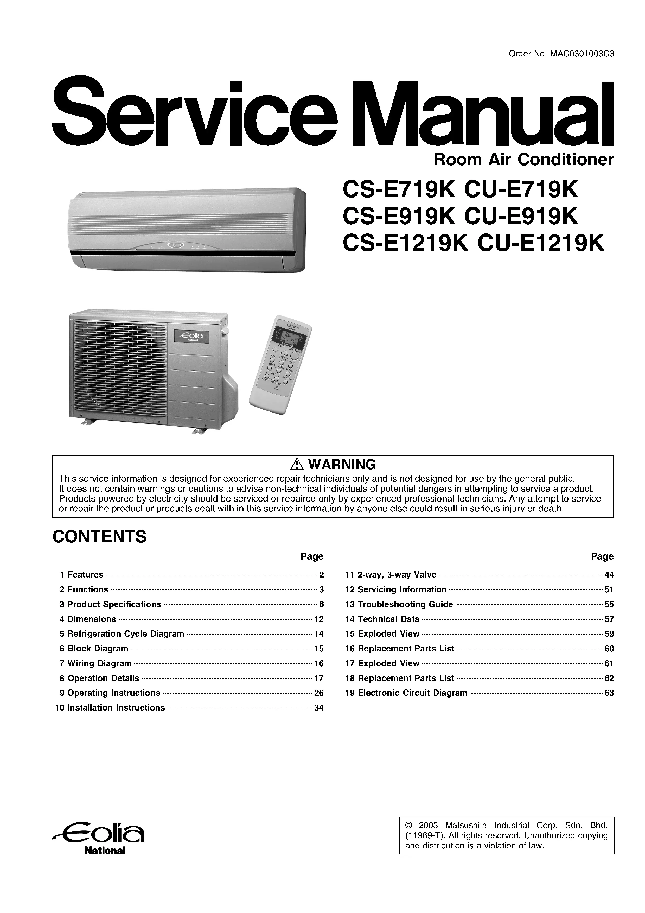 Panasonic cs e719k cs e919 kcs e1219k service manual cover