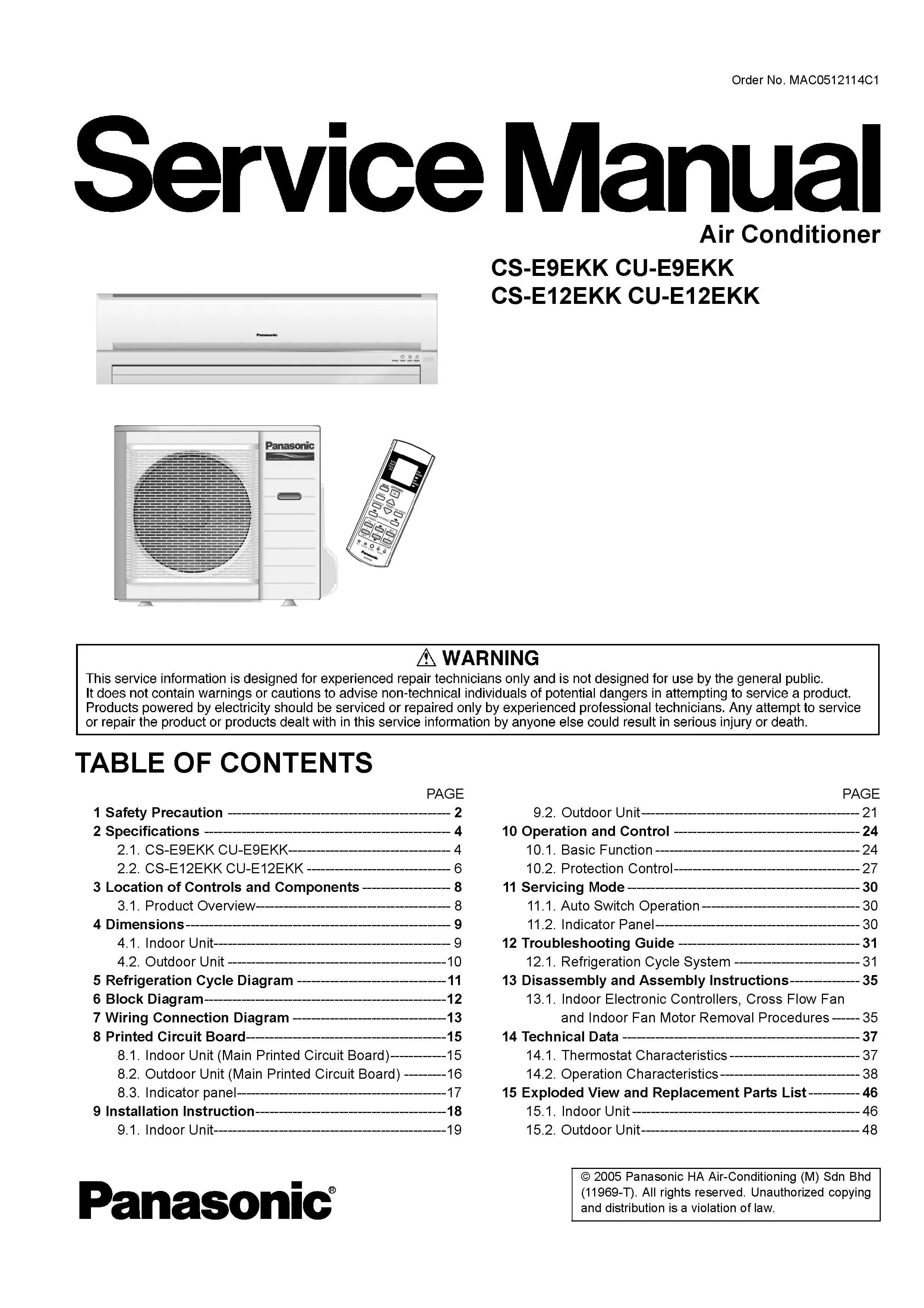 Panasonic cs e9ekk cu e9ekk service manual cover