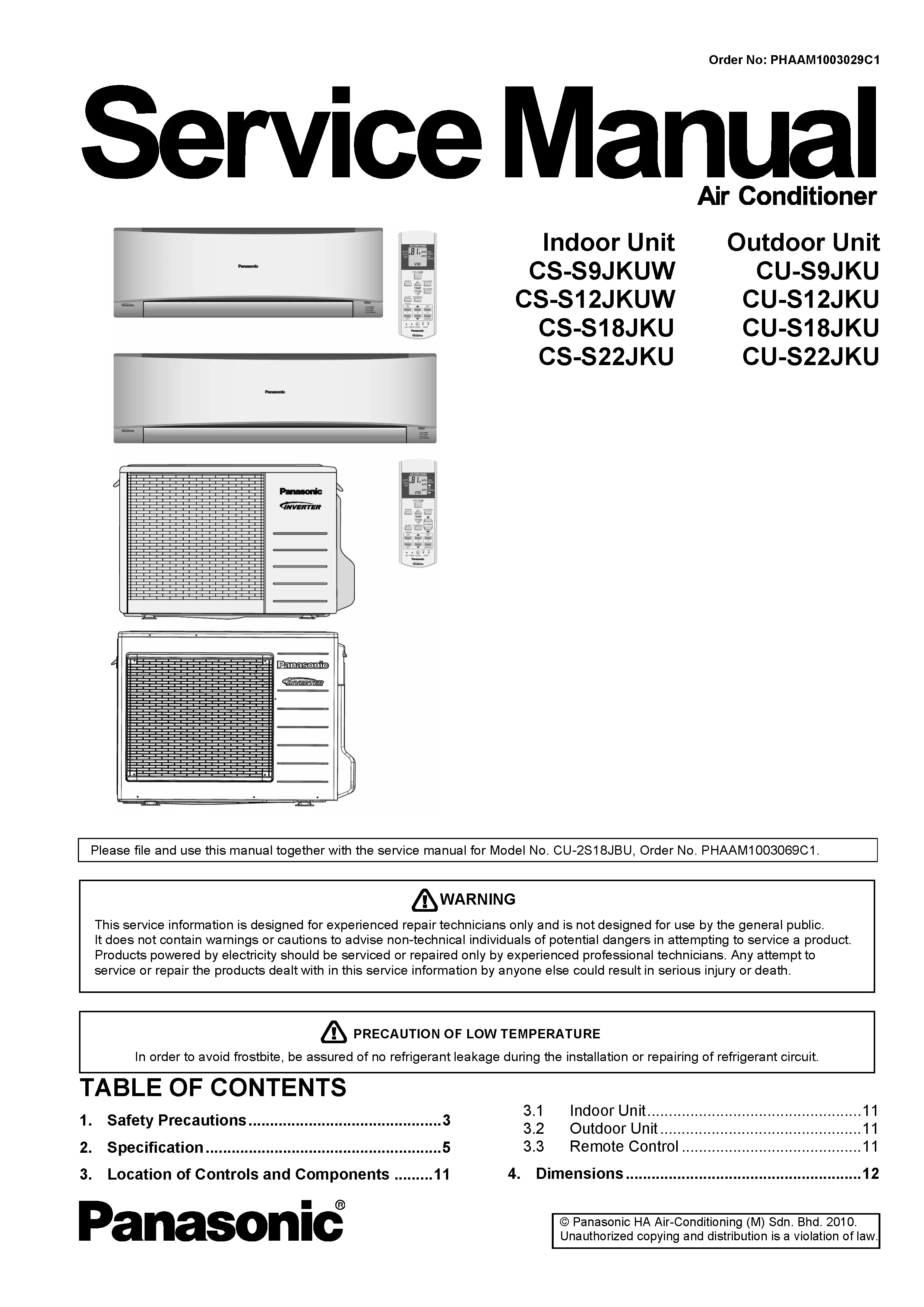 Panasonic cs s12jkuw cu s12jku service manual cover