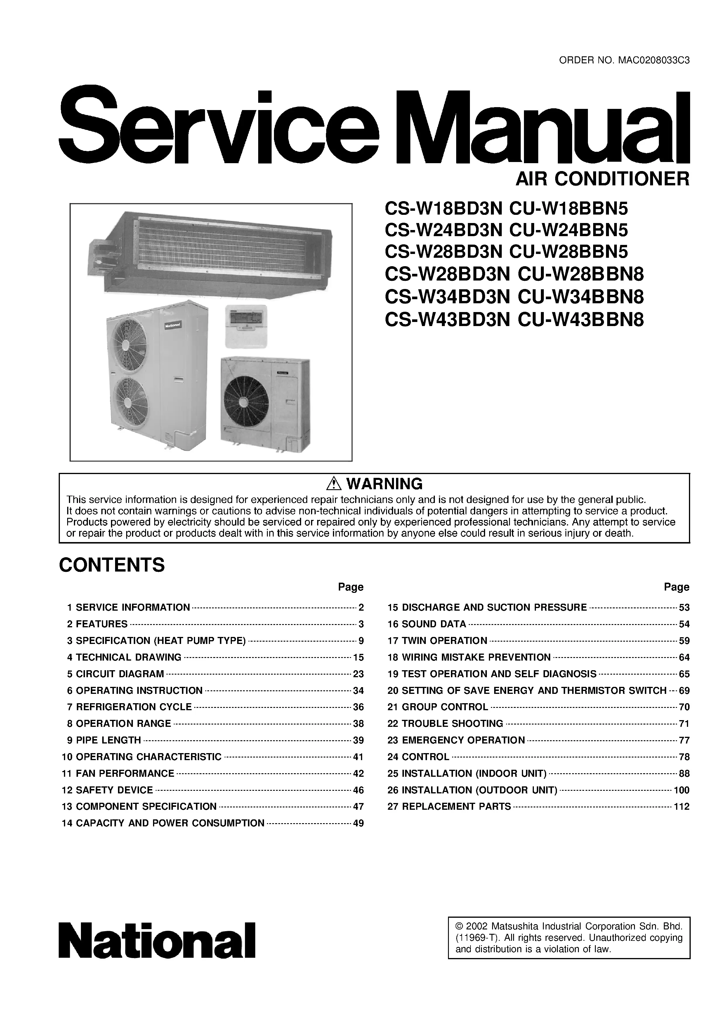 Panasonic cs w18bd3n cs w24bd3n cs w28bd3n service manual cover