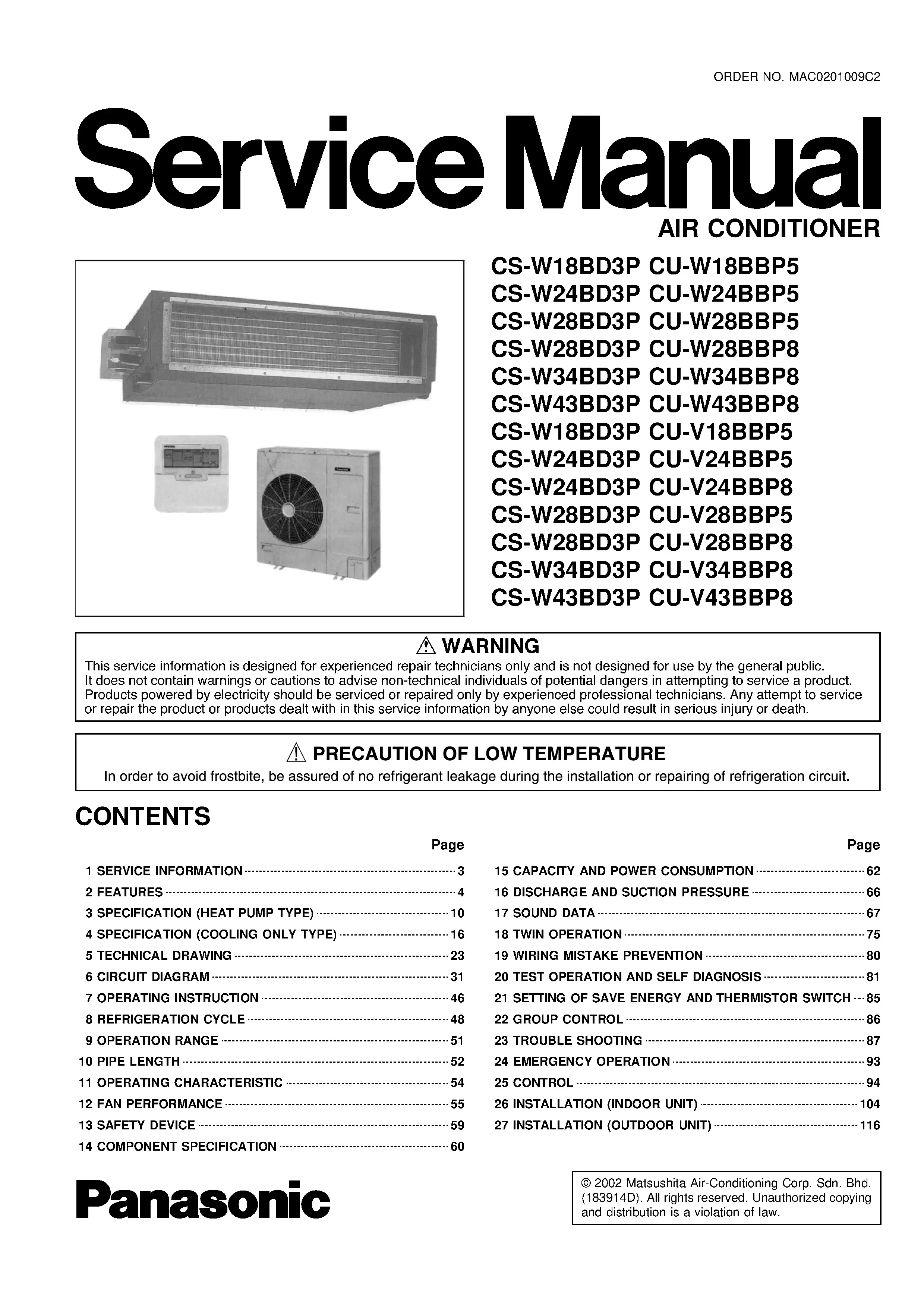 Panasonic cs w18bd3p cs w24bd3p cs w28bd3p service manual cover